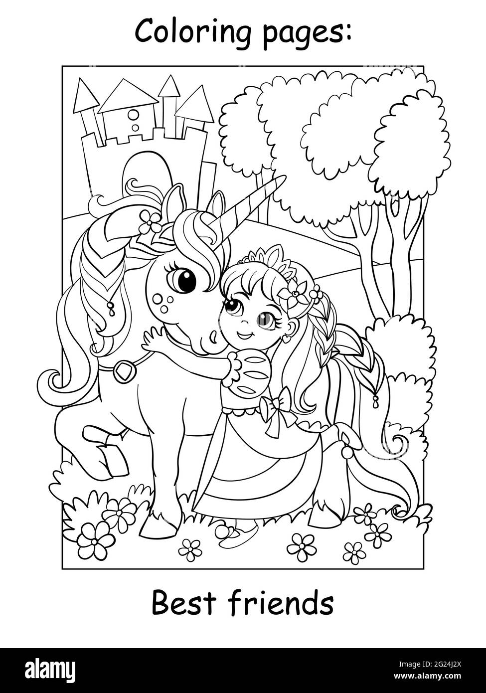 Süße Prinzessin kuschelt mit einem Einhorn. Zum ausmalen für Kinder. Vektor-Cartoon-Illustration isoliert auf weißem Hintergrund. Für das Malbuch, ed Stock Vektor