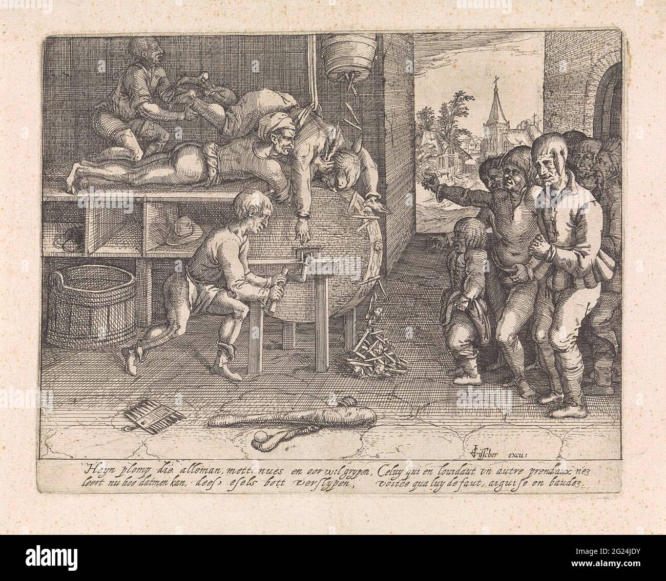 Der Betrüger bestraft das Schleifen von Nase und Ohren. Ein Betrüger, der im Vers heyn plump erwähnt wird, wird bestraft, weil er Eselsohren gemessen hat und mit seiner Nase auf einen Schleifstein gelegt wird. Auf der linken Seite sieht das Volk. Im Vordergrund befindet sich eine Fledermaus und ein Kamm. Stockfoto