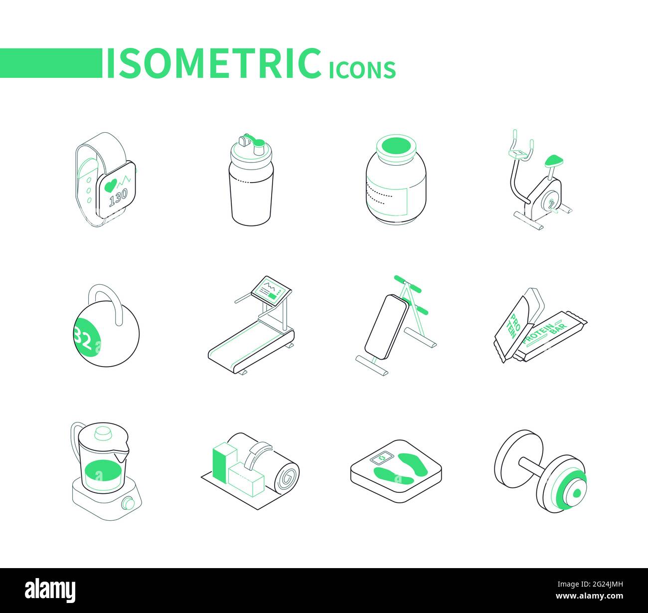 Sport und Fitness: Isometrische Liniensymbole auf weißem Hintergrund. Training, Training und Yoga-Geräte, Gesundheitsidee. Smart Watch, Wasserflasche, vi Stock Vektor