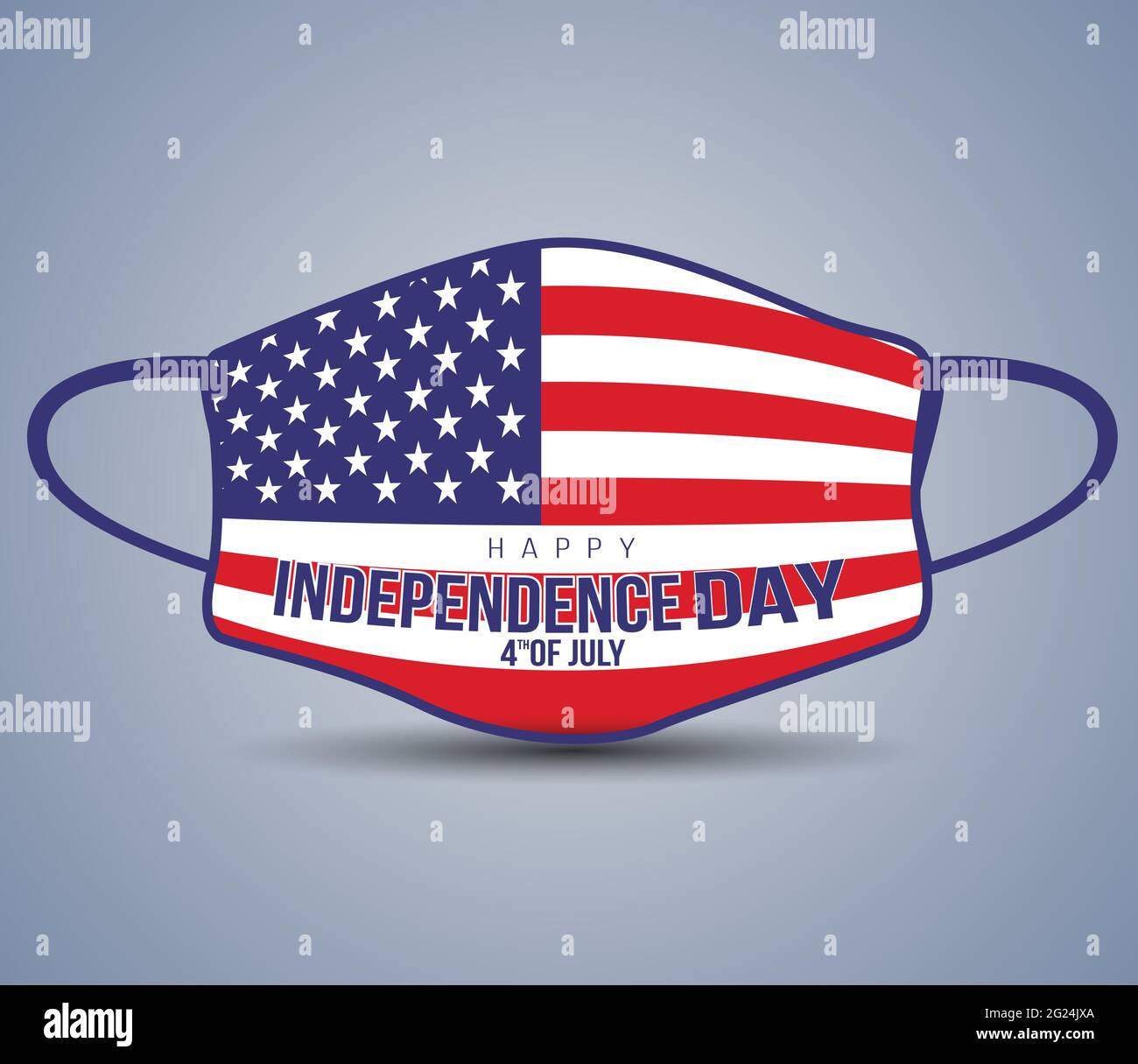 4. Juli USA Happy Independence Day Text. Coronavirus in den Vereinigten Staaten. Grafik der OP-Maske mit amerikanischer Flagge. Medizinische Gesichtsmaske als Konzept o Stock Vektor