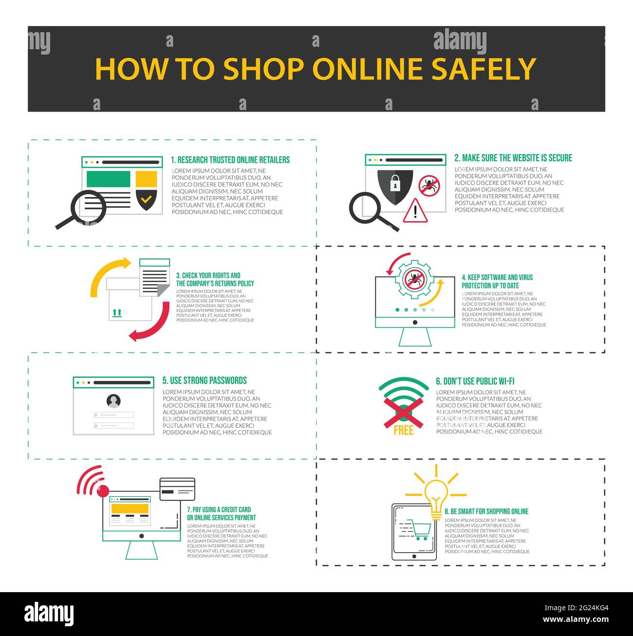 Online-Shopping Sicherheitstipps Infografiken Vorlage Vektor-Design. Tipps für die Sicherheit Online-Shopping-Line-Design Infografiken Vorlage Design Stock Vektor