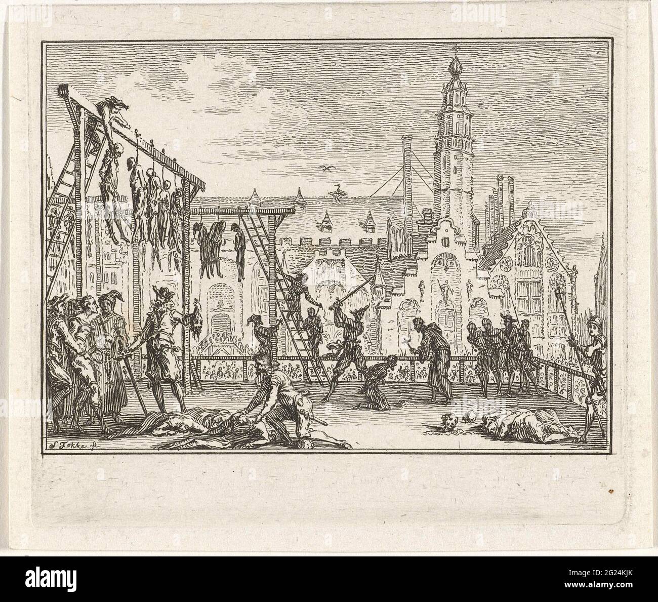 Suspendierung und Stilllegung; Illustration zur nationalen Geschichte. Präsentation aus der nationalen Geschichte. Auf einem Platz in einer Stadt wurde links eine Gruppe von Strafgefangenen aufgehängt und Figuren werden an die Reihe gebracht. Stockfoto