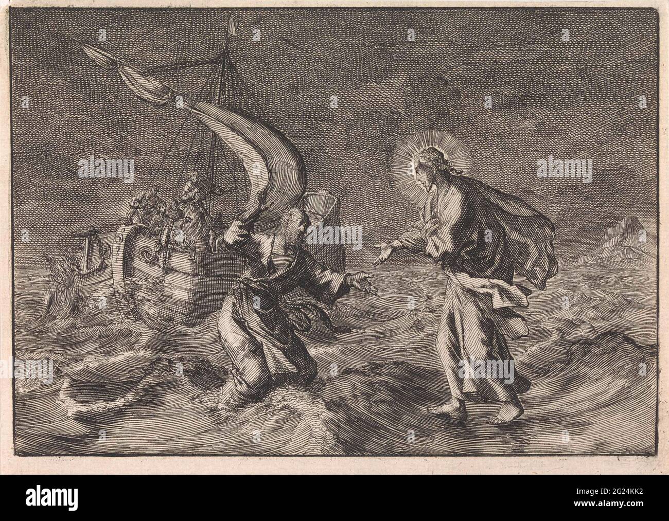 Christus läuft während eines Sturms auf dem Galiläischen See über das Wasser. Stockfoto
