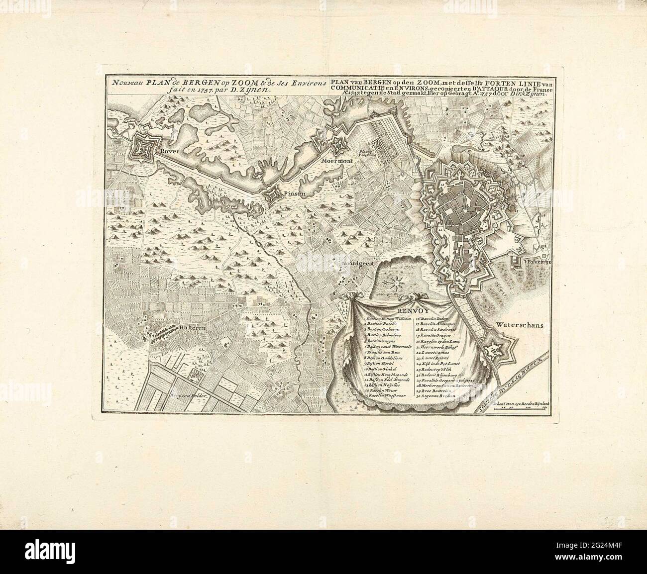 Karte von Bergen op Zoom, 1747; Nouveau Plan De Bergen op Zoom & the SES ENVIRONS FAIT EN 1757 (...) / Plan von Bergen Op den Zoom, mit DESELFS Forts Linie der Kommunikation und Umgebung, kopiert und d'Attaque von der französischen Ao. 1747, gegen die Stadt gemacht, hier auf Gebrands Ao. 1757 DIRK His. Anlegekarte von Bergen op Zoom durch die Franzosen im Jahr 1747. Mit einem Teil der Umgebung mit der Verteidigungslinie mit Forten Rover, Pinsen und Moermont und mit dem Dorf Haltern. Stockfoto