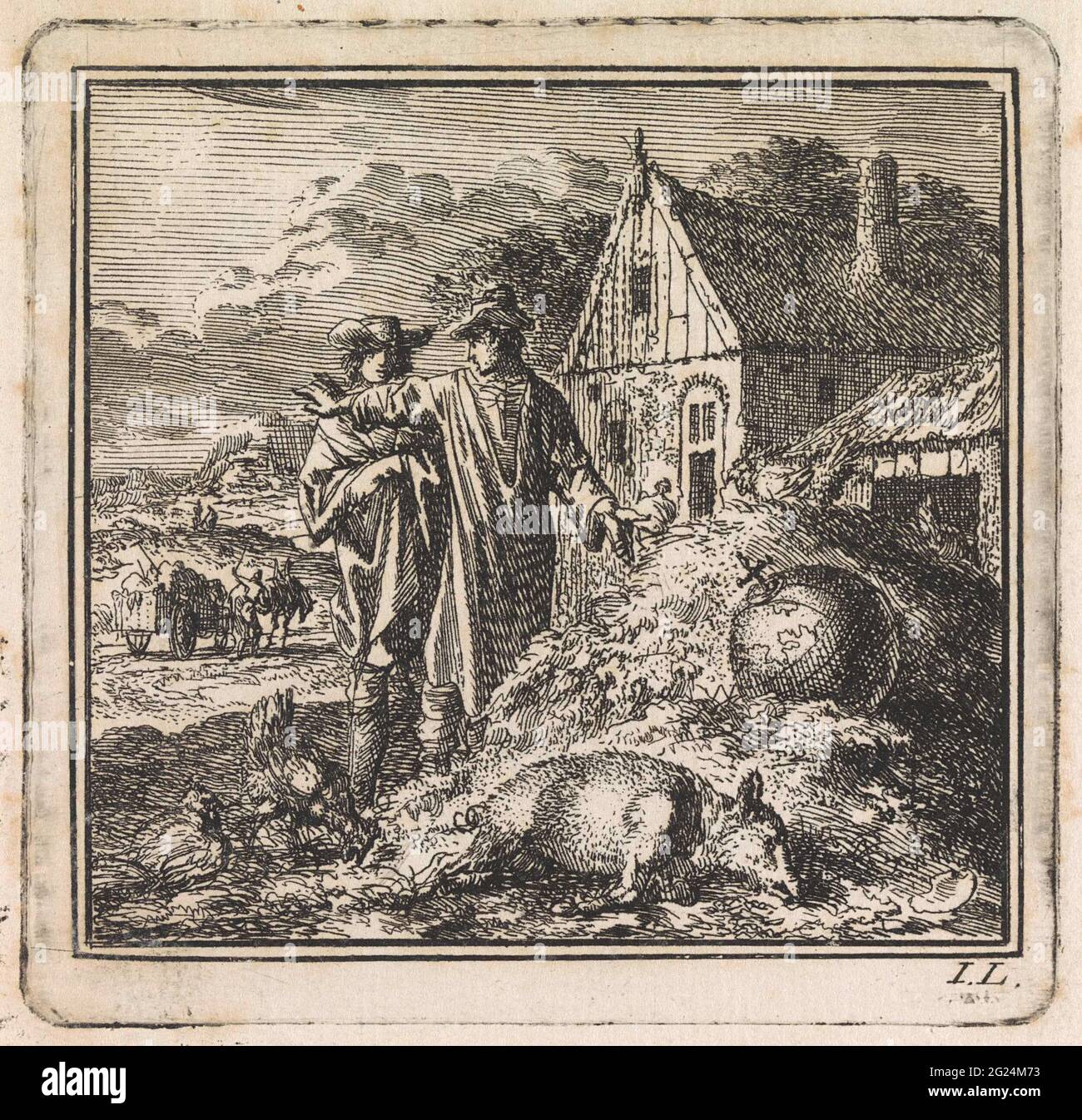 Zwei Männer auf einem Misthaufen, auf dem ein Schwein und die Welt liegen; freuen sich auf einen Vorteil. Stockfoto