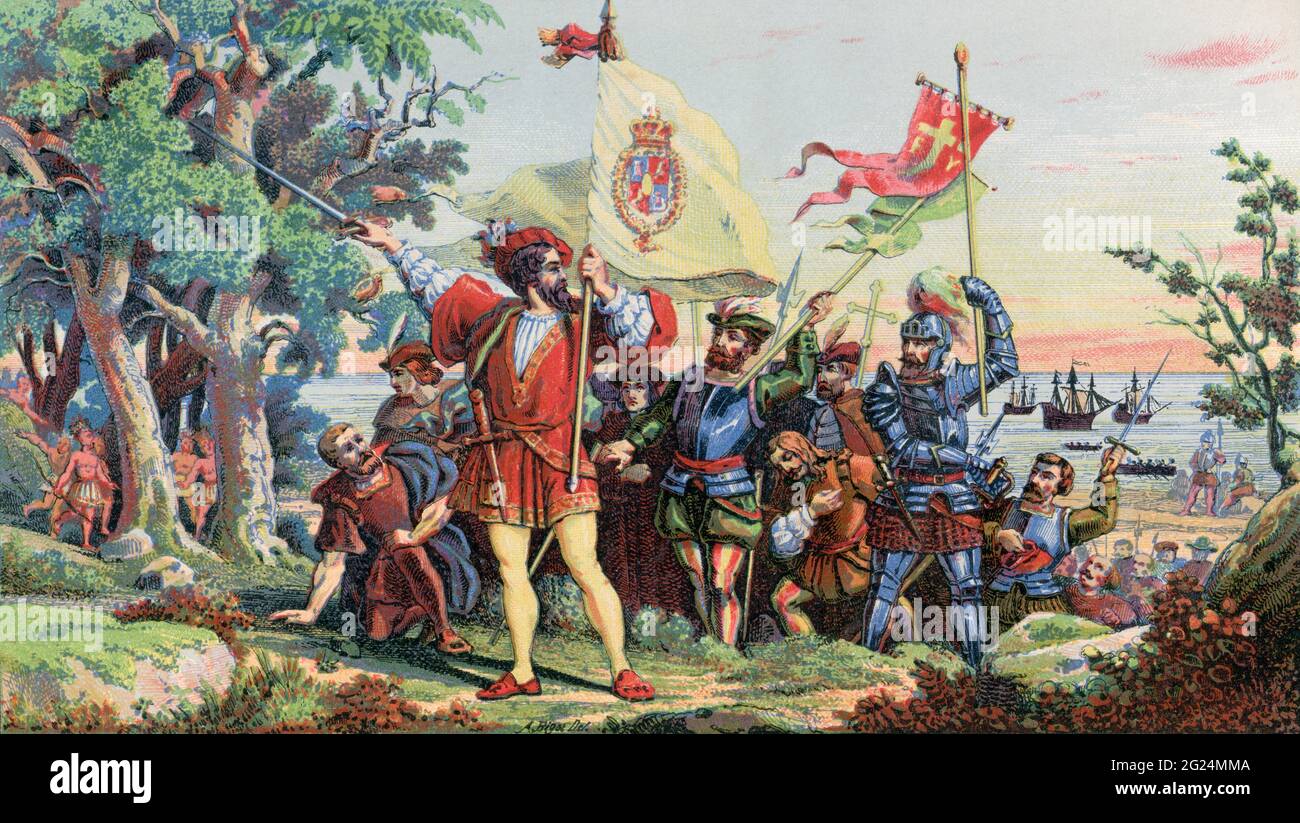 Am 12. Oktober 1492 landen der italienische Entdecker Christopher Columbus und seine Crew in San Salvador. Es wird angenommen, dass San Salvador die moderne Watling-Insel auf den Bahamas ist. Christopher Columbus, 1451-1506. Italienischer Entdecker, Navigator, Kolonisator und Entdecker Amerikas. Aus einer illuminierten Geschichte Nordamerikas, von der frühesten Periode bis zur Gegenwart, veröffentlicht 1860. Stockfoto