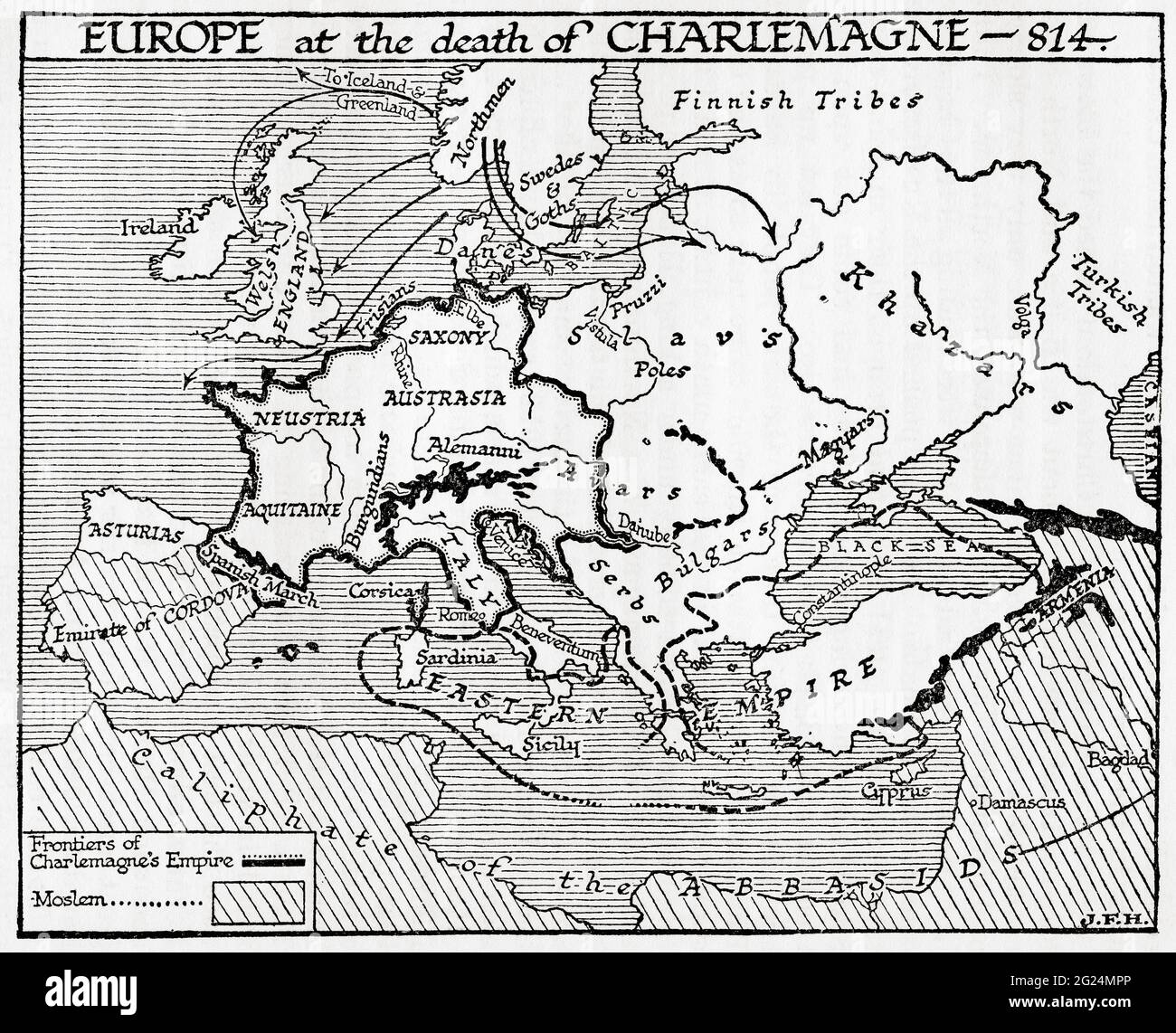 Karte von Europa beim Tod Karls des Großen, 814 n. Chr. Aus EINER kurzen Geschichte der Welt, veröffentlicht um 1936 Stockfoto