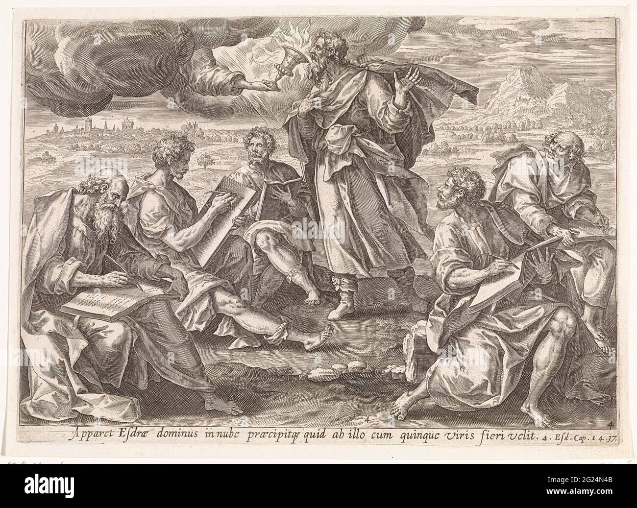 Ezra trinkt den Becher des Wissens und der Weisheit; Visionen von Ezra; Theatrum Biblicum (...). Esra ging mit fünf Männern auf den Platz und wird von Gott einen feurigen Kelch angeboten, aus dem er trinkt. Dies ist der Kelch des Wissens und der Weisheit. Die fünf Männer schreiben die Worte, die Ezra sagen. Unter der Show eine Referenz in Latein auf die apokryphen Bibel Text in 4 Esra 14. Stockfoto