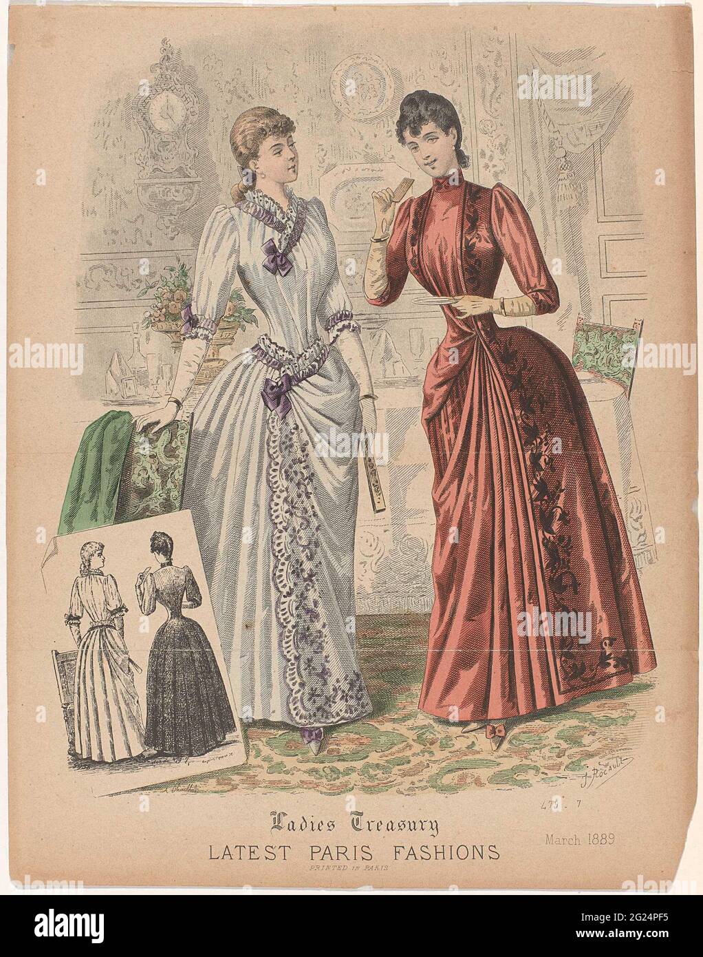 Ladies Treasury, März 1889: Neueste Pariser Mode. Zwei Frauen in letzter Mode aus Paris. Links ein Kleid mit halb langen Ärmeln. Rock mit Wickel im floralen Muster. Lila Schleifen an Hals, Ärmelabschluss und Taille. Rechts ein hoch verschlossenes Maul mit anstehendem, vertikalem Blattmotiv an den Fronten. Reichweite in der Hand. Schuh mit Schleife. Sie stehen für einen festgesetzten Tisch; EINE Frau hat eine Untertasse und einen Keks in den Händen. Druck aus dem englischen Modemagazin 'The Ladies Treasury' (1858-1895). Stockfoto