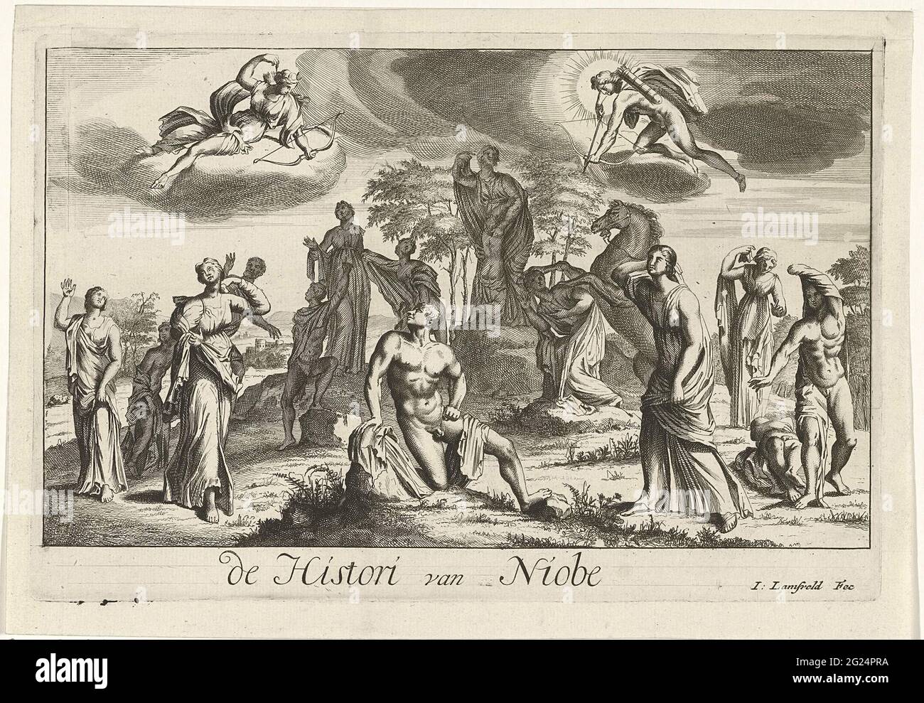 Apollo und Diana bestrafen Niobe für ihren Stolz; die Geschichte von Niobe. Niobe appelliert an eine Gruppe von Frauen aus einer Zunahme, eine Frau kniet zu ihren Füßen in der Anbetung. Apollo und Diana sind mit Pfeil und Bogen in der Luft erschienen und Niobe, die sich besser als diese göttlichen Zwillinge vorgefunden hatte, für ihren Stolz bestrafen. Stockfoto