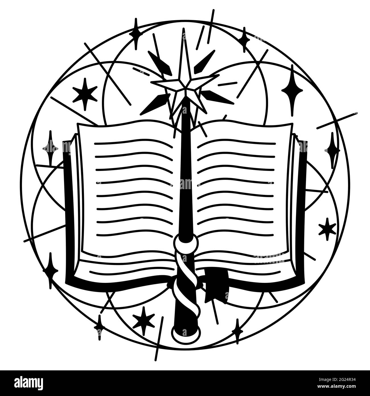 Illustration mit Zauberbuch und Zauberstab. Mystik, Alchemie, Spiritualität und Tattoo-Kunst Stock Vektor