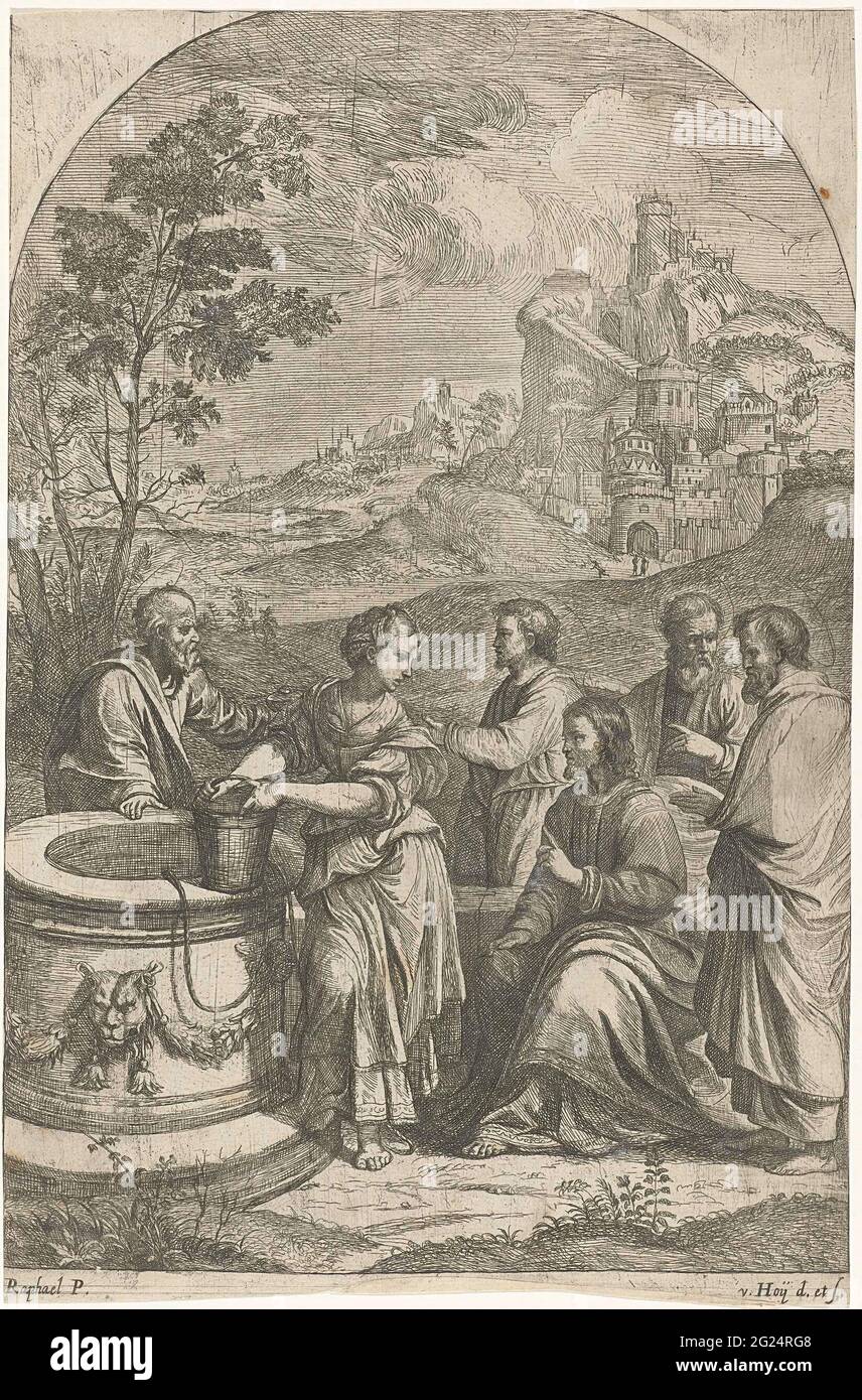 Christus und die samaritische Frau. Christus sitzt und der Finger wird erhoben und spricht mit der samaritanischen Frau mit einem Eimer in ihren Händen an der Quelle Jakobs. Um sie herum ein paar Schüler und eine Stadt im Hintergrund. John. 4: 1-30. Stockfoto