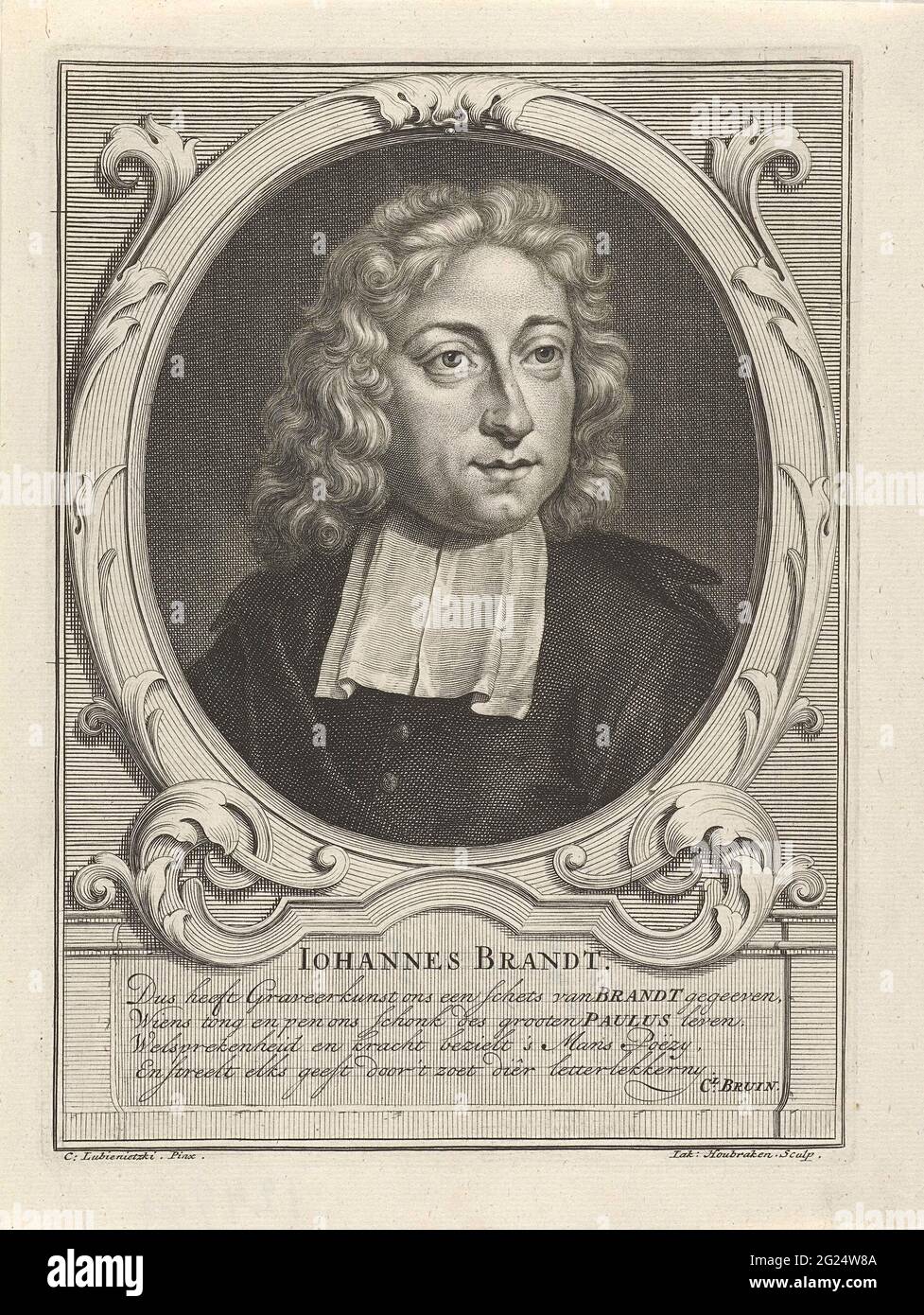 Porträt von Joannes Brandt; Iohannes Brandt. Büste von Joannes brennt in einem ornamentalen ovalen Rahmen. Sein Name unter dem Porträt und unter einem vierzeiligen Vers auf Niederländisch. Stockfoto