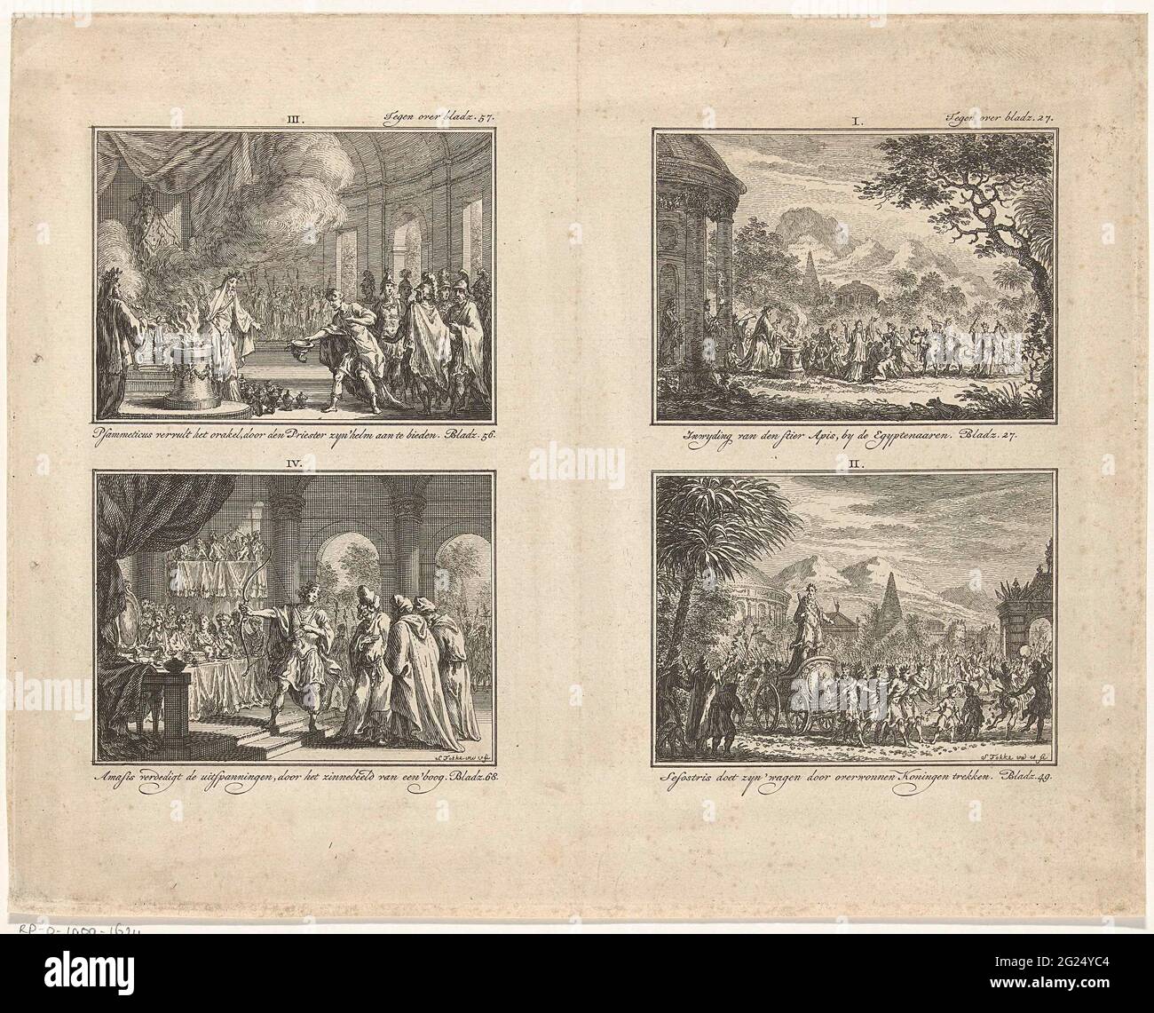 Vier Darstellungen aus der klassischen Geschichte; Illustrationen aus der klassischen Geschichte. Vier Darstellungen aus der klassischen Geschichte einer Platte, nummeriert von I bis IV und alle mit einer Beschriftung versehen. Oben rechts: Initiation des Bullen apis. Unten rechts: Sesostris verlässt sein Auto durch überwundete Könige. Oben links: Psammetichus erfüllt das orakel. Unten links: Amasis mit Pfeil und Bogen. Die Aufführungen I und II oben rechts beschriftet: Gegen über Bladz. 27. Aufführungen III und iv oben rechts mit der Aufschrift: Gegen über Bladz. 57. Stockfoto