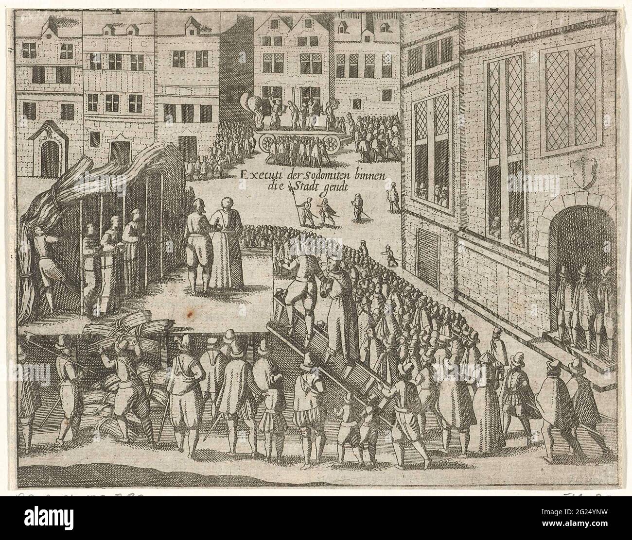 Hinrichtung von Mönchen in Gent wegen Sodomie, 1578; Exekuti von Sodomitenbanden innerhalb dieser Stadt. Geißelung und Hinrichtung von vier Franziskanermönchen in Gent aufgrund des Vorwurfs der Sodomie, 28. Juni 1578. Im Hintergrund die Auspeitschung, im Vordergrund die Mönche auf dem Scheiterhaufen. Schneiden Sie den Rand mit Beschriftung und Zahl aus. Auf der Rückseite mit Text in Niederländisch gedruckt. Stockfoto