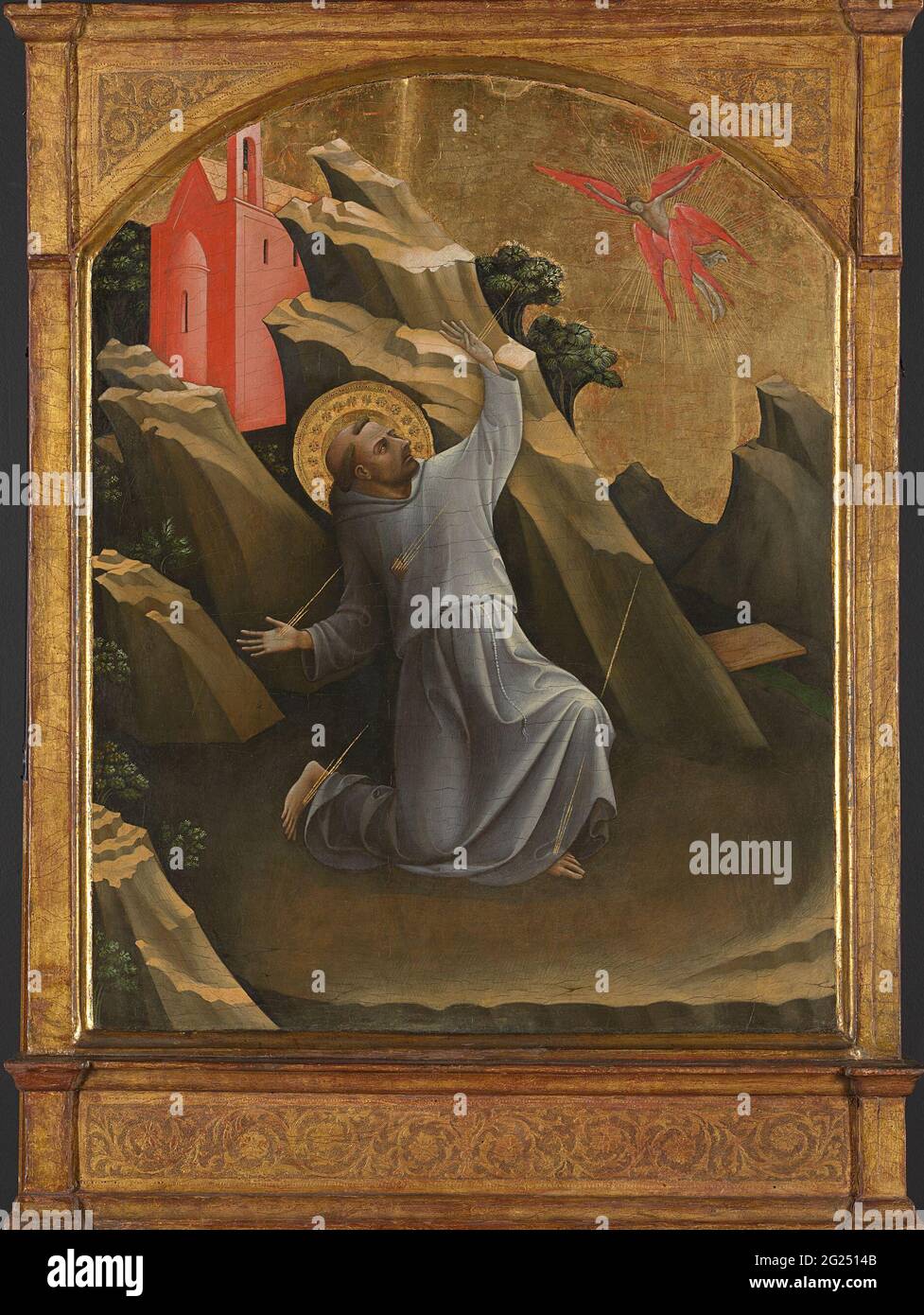 Der heilige Franziskus empfängt die Stigmata. Durch sein selbstauferlegtes Leben in Armut gehörte Franziskus zu den verehrten Heiligen im mittelalterlichen Europa. Dieses Panel stellt den Moment dar, in dem Franziskus – sich mit Christus identifizierende – die Wunden (Stigmata) erhielt, die Jesus während der Kreuzigung erlitten hatte. Die Tafel war ursprünglich der linke Flügel eines Triptychons, mit der Kreuzigung in der Mitte und dem Tod des heiligen Franziskus auf der rechten Seite. Stockfoto