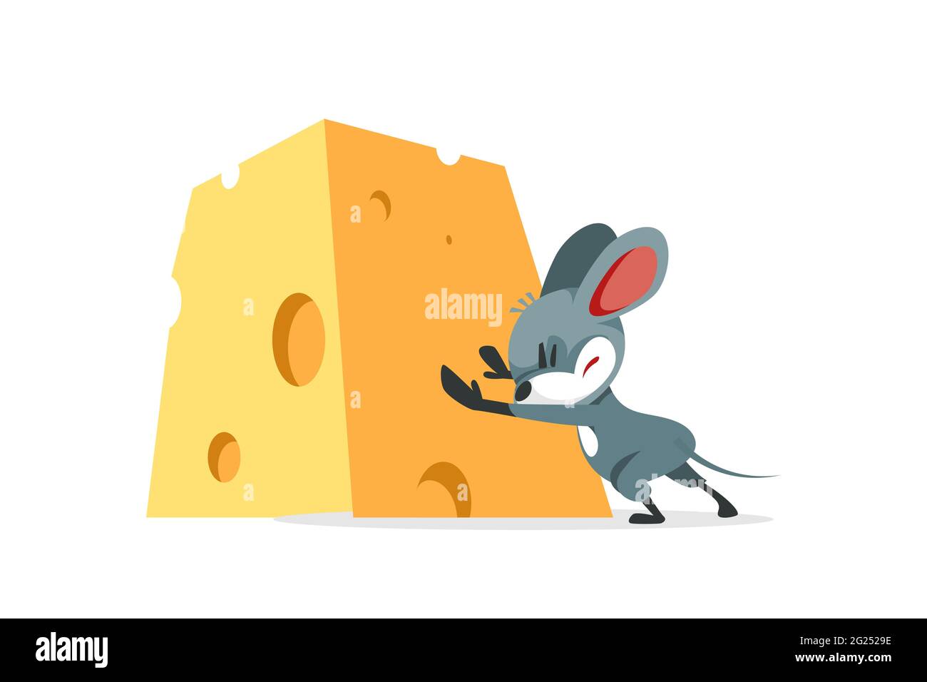 Die Cartoon-Maus will den Käse zu stehlen und kämpft, um den großen schweren Käse schieben. Vektordarstellung auf weißem Hintergrund isoliert Stock Vektor