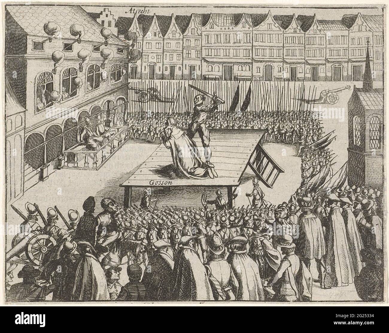 Enthauptung von Gosson in Attrecht, 1578. Enthauptung des Nicolas Gosson-Ratgebers in Arecht, wegen Sympathie für die Missstände, 26. Oktober 1578. Gosson kniet auf dem Gerüst auf einem Platz nieder. Auf der Rückseite mit Text in Niederländisch gedruckt. Stockfoto