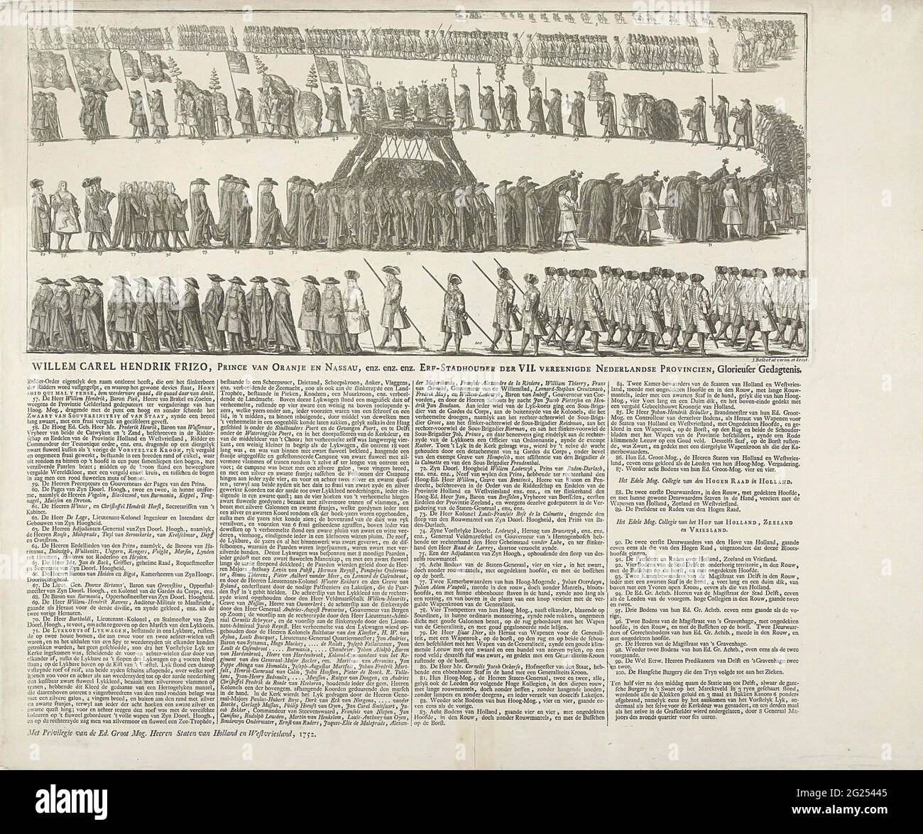 Trauerzug von Willem IV. (Rechte Seite), 1752; [letzte Ehre der geschichtlichen Beschreibung und susteafy Darstellung der feierlichen Beerdigungszeremonie, nachgewiesen an den Vorstelyke-Leichnam von Wylen Door. Hoogh.] Willem Carel Hendrik Frizo, Prinz von Oranien und Nassau, etc. Etc. Etc. ERF-Stadholder der VII. Niederländische Provinzen, Glorieuser Geschäft. Die Trauerprozession mit dem Leichenwagen und Sarg von Stadholder Wilhelm IV., Beerdigung in Delft am 4. Februar 1752. Die rechte Hälfte einer großen Show auf zwei Blättern. Auf dem Blatt unter der Platte in der Legende die ausführliche Erklärung der Abbildungen 1-5 Stockfoto