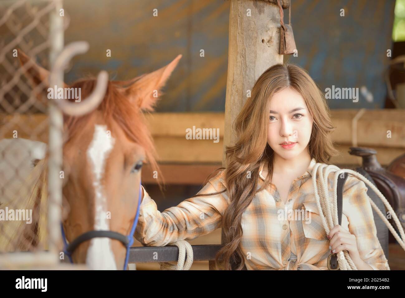 Porträt einer schönen Frau, die mit ihrem Pferd in einem Stall steht Stockfoto