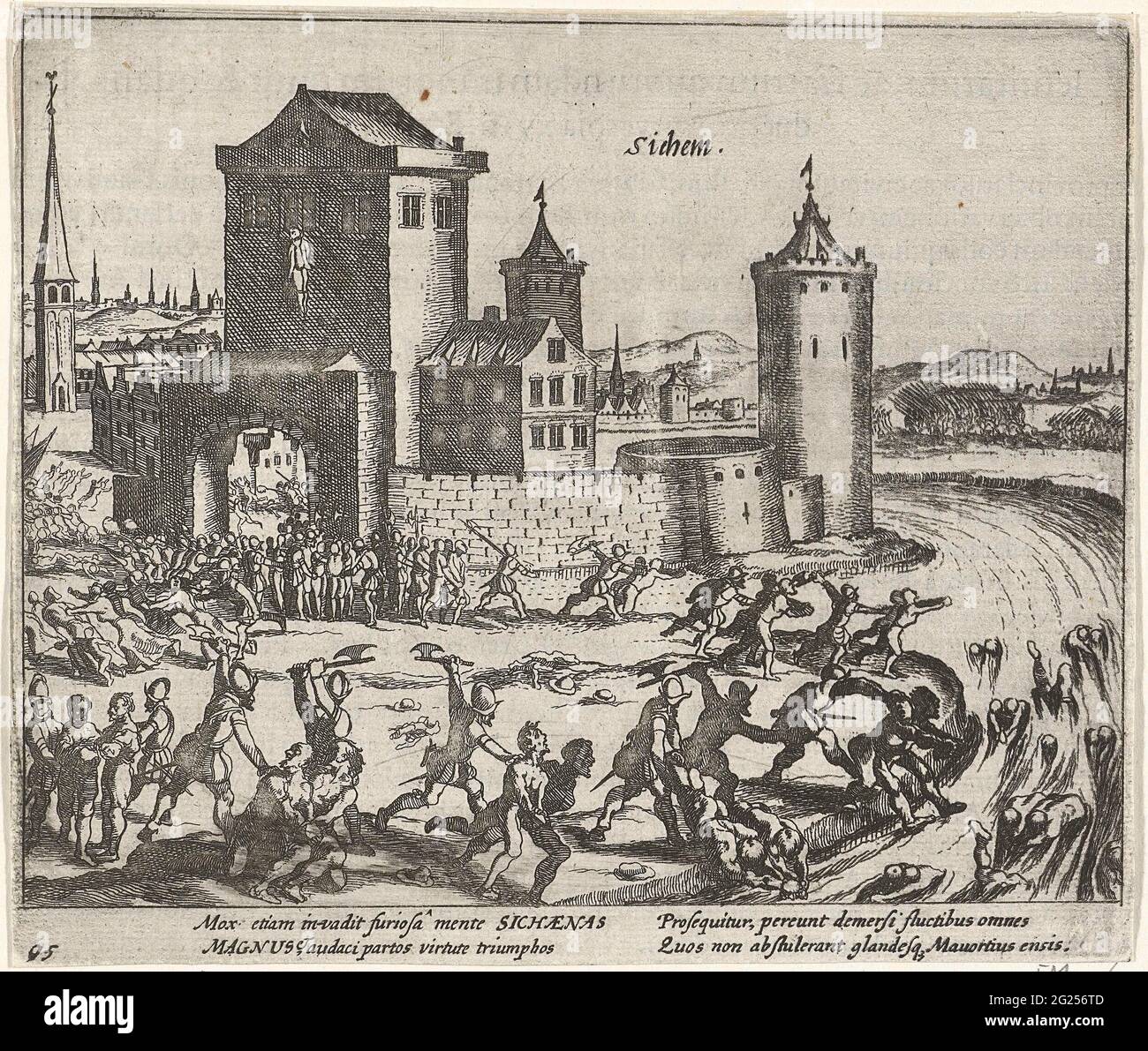 Strafe von Zichem, 1578. Eroberung und Bestrafung der Stadt durch die Truppen des Herzogs von Parma, 21. Februar 1578. Vor dem Stadttor werden zahlreiche Zivilisten getötet und ihre Leichen in den Fluss geworfen. In der Ferne die Stadt entfernt. Mit einer lateinischen Beschriftung von 4 Zeilen. Nummeriert: 95. Auf der Rückseite mit lateinischem Text bedruckt. Stockfoto