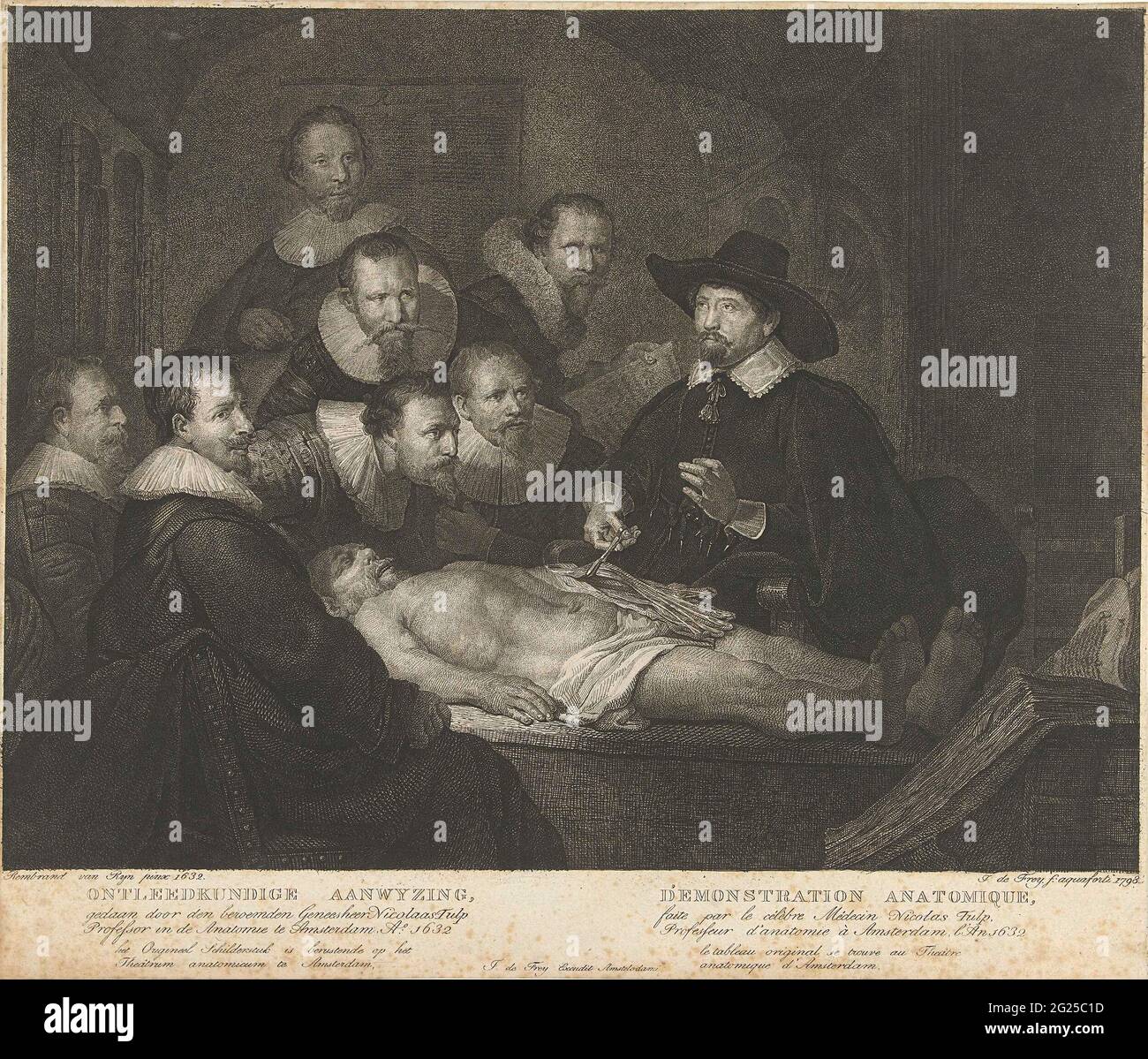 Die anatomische Lektion von Nicolaes tulip; beenden Wissen / Demonstration anatomische. Gruppenportrait des Amsterdamer Chirurgen bei einer anatomischen Lektion. Die Männer sitzen um einen Tisch, auf dem eine Leiche liegt. Doktor Nicolaes Tulp gibt Anweisungen. Er hat den Arm der Leiche geöffnet und hält mit einer Zange ein Paket von Armmuskeln, während er mit seiner anderen Hand eine demonstrierende Geste macht. Neben Nicolaes Tulpe, dem Chirurgen Jacob Blok, Hartman Hartmansz., Adraen Slabran, Jacob de Witt, Mathijs Turkey, Jacob Koolvelt und Frans van Loenen dargestellt. Bildunterschrift auf Niederländisch und Französisch. Stockfoto