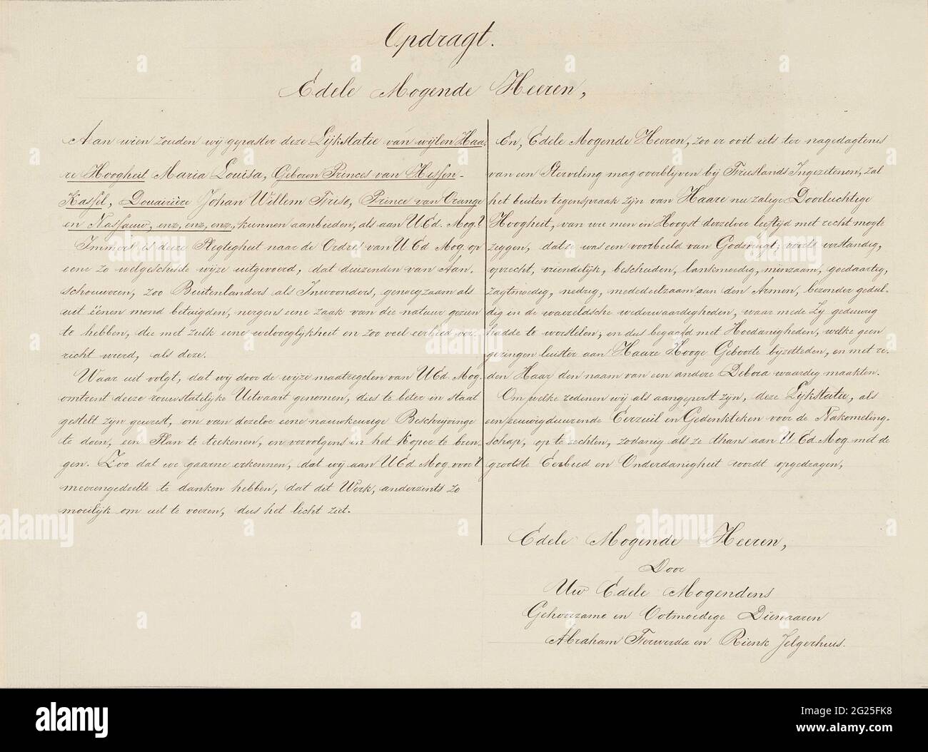 Auftrag mit der Serie von Platten der Beerdigung von Prinzessin Maria Louise, 1765; Put. Noble Magente Heeren, (...); Leiche der Prinzessin Maria Louise, 1765. Handschriftliche Zeitschrift mit einem Teil des Auftrags an die Provinzleitung von Friesland, die zur Serie von Tafeln der Beerdigung von Prinzessin Maria Louise in Leeuwarden am 13. Juni 1765 gehört. Wahrscheinlich Kopie des 19. Jahrhunderts zu dieser Kopie fehlen original gedruckte Textblätter. Stockfoto