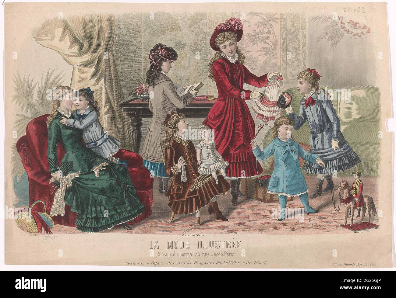 La Fashion illustrée, 1879, no 48: Kostüme der Enfants (...). Sieben  Mädchen im Innenraum, die mit einer Puppe, Puppenkleidung und Zugpferd  spielen. Der Bildunterschrift zufolge die Kinderkleidung des Kaufhauses  Grands Magasins du