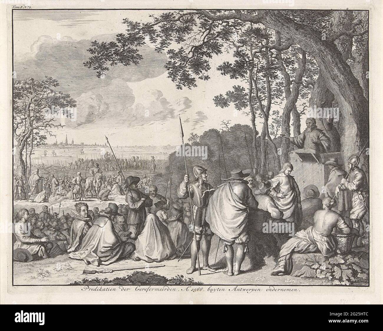 Hagen-Sequenzen außerhalb von Antwerpen, 1566; Preise der Reformers, Ao 1566. Buyten Antwerp durchgeführt. Hagen-Sequenzen außerhalb Antwerpens, 14. Juni 1566. Calvinist Treffen in den Wäldern, in der Ferne die Stadt Antwerpen. Im Vordergrund spricht ein Prediger unter einem Baum. Auch einige bewaffnete Aufseher der Calvinisten. Stockfoto