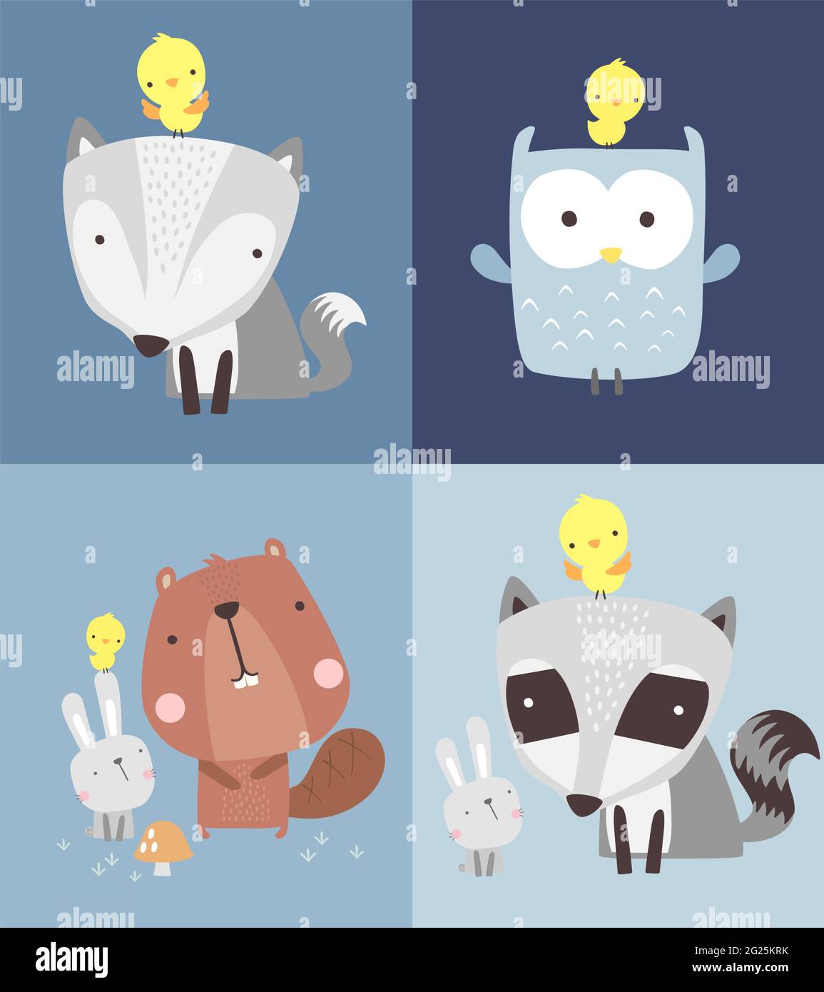 Set von niedlichen Waldtiere Illustration. Wolf, Eule, Waschbär und Eichhörnchen mit kleinem Kaninchen. Handgezeichneter Stil. Kann für Baumschule Dekoration verwendet werden, bab Stock Vektor