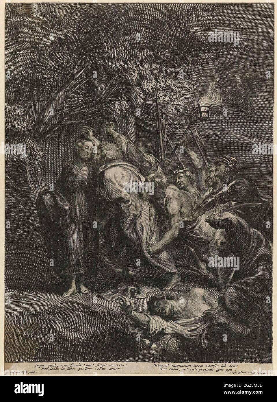 Gefangenschaft Jesu. Judas verrät Christus, indem er ihn küsst. Hinter ihm wachsen Soldaten mit Waffen und einer Fackel, um Christus zu fangen. Vorne rechts ist Simon Petrus dabei, Malchus mit einem Schwert anzugreifen. Eine vierzeilige lateinische Beschriftung am Rand. Stockfoto Gefangenschaft Jesu. Judas verrät Christus, indem er ihn küsst. Hinter ihm wachsen Soldaten mit Waffen und einer Fackel, um Christus zu fangen. Vorne rechts ist Simon Petrus dabei, Malchus mit einem Schwert anzugreifen. Eine vierzeilige lateinische Beschriftung am Rand. Stockfoto