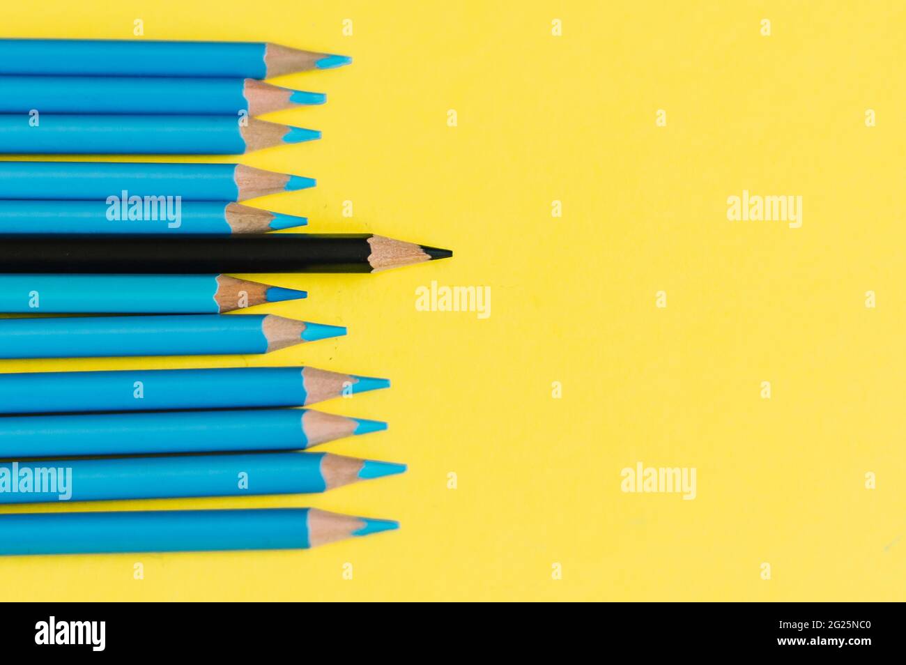 Schwarzer Bleistift zwischen Blau. Das Konzept der Führungskraft im Team Stockfoto