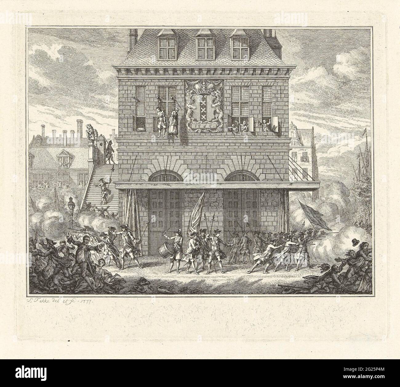 Realisierung während der Suspendierung eines Mannes und einer Frau am Waag in Amsterdam, 28. Juni 1748. Während der Suspendierung eines Mannes und einer Frau (Piet van Dort und die Zitronen- und getrocknete Schulverkäuferin Mat van den Nieuwendijk), zwei Teilnehmer am Mieterraub, am 28. Juni 1748 im Waag in Amsterdam. Der Schütze öffnet das Feuer auf die Zuschauer. Stockfoto