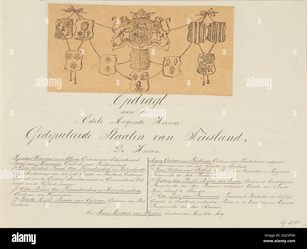 Auftrag mit der Serie von Tafeln des Begräbnisses von Prinzessin Maria Louise, 1765; veröffentlicht auf den Adeligen Magging Heeren Provincial Ständen von Friesland (...); Leiche von Prinzessin Maria Louise, 1765. Handschriftliche Zeitschrift mit einem Teil des Auftrags an die Provinzleitung von Friesland, die zur Serie von Tafeln der Beerdigung von Prinzessin Maria Louise in Leeuwarden am 13. Juni 1765 gehört. Mit einem beschrifteten Agenturen der Waffen der Provinz und der Abgeordneten. Wahrscheinlich Aussage des 19. Jahrhunderts zu den original gedruckten Textblättern, die in diesem Exemplar fehlen. Stockfoto