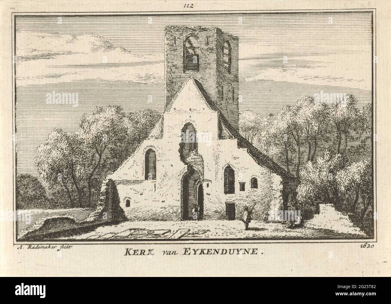 Blick auf die Ruinen der Kirche von Eiche und Dünen, 1620; Kirche von Eykenduyne 1620. Blick auf die Ruinen der Ruine der überfüllten Kirche aus Eichen und Dünen, einem ehemaligen Weiler in den Dünen zwischen Loosduinen und Den Haag, in der Situation um 1620. Einige Figuren sehen die Ruine. Stockfoto