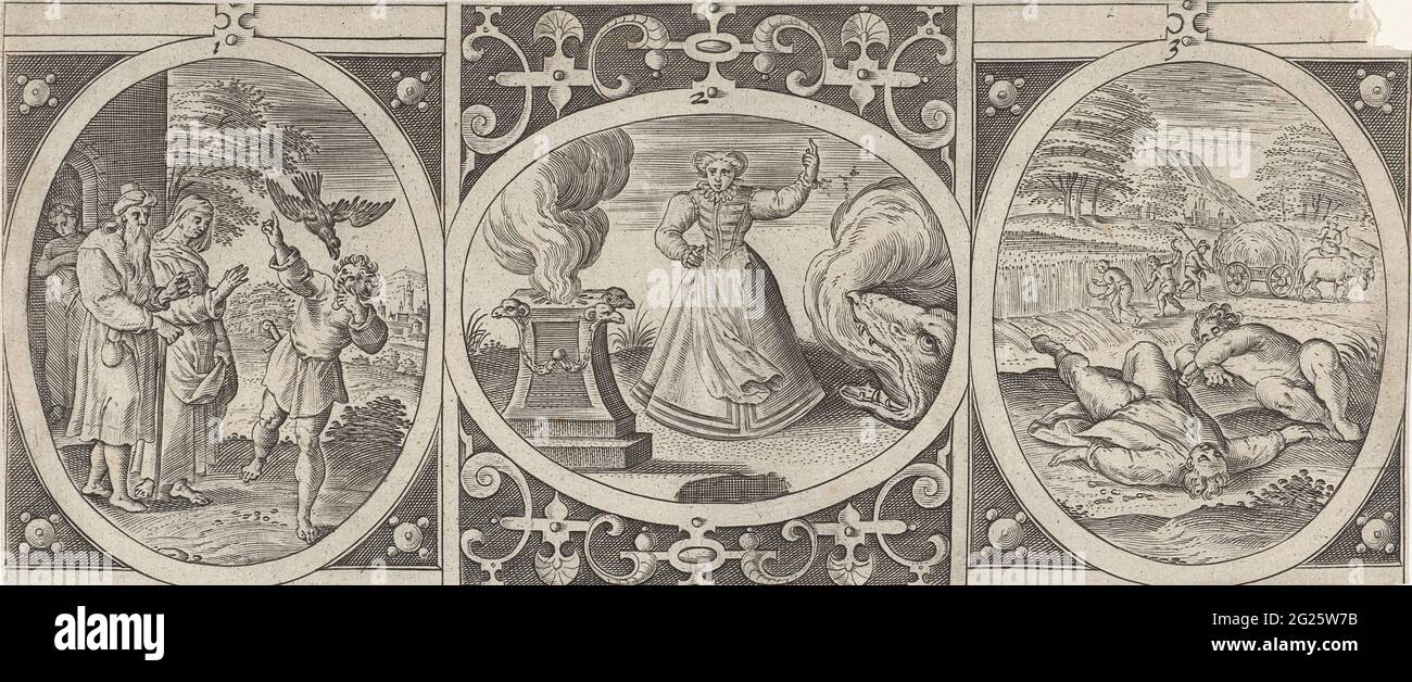 Sprüche aus Solomon, oben; Gnomae Seu Illustres Sententiae Ex Proverbus Salomonis Vitae Utiles. Ornamentaler Bilderrahmen mit Medaillons, in denen von links nach rechts: Ein Paar bei ihrem Sohn steht, dessen Augen von einem Raben ausgestanzt werden. Von Spr. 30:17 und: Wer seinen Vater anschaut und seine Mutter ungehorsam ist, der wird den Raben an den Bach ziehen die Augen, und die Geier werden seine Augen durchkreuzen; und EIN Weib, mit erhobenem Arm, steht für eine Grube in der Erde. Neben ihr eine Opferfigur und ein feuerspeiender Drache.; im Vordergrund zwei schlafende Figuren, ein Feld wird in Th verarbeitet Stockfoto