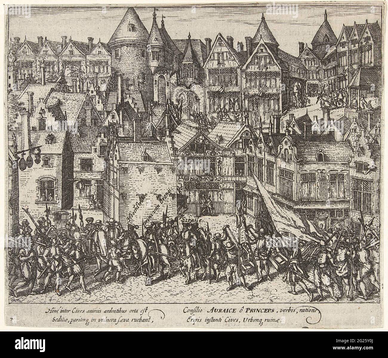 Calvinistic Riot in Antwerpen, 1567. Bürgermeister Anton van Straelen, Hoogstraten und Willem van Oranje sind immer noch Calvinist Real bei De Meir in Antwerpen, 14. März 1567. Mit einer lateinischen Beschriftung von 4 Zeilen. Nummeriert: 7. Auf der Rückseite mit lateinischem Text bedruckt. Stockfoto