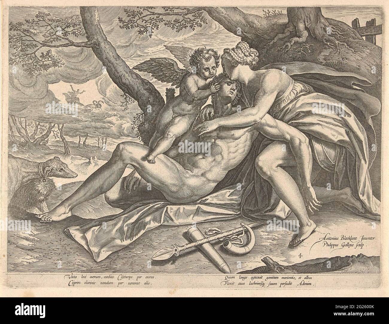 Venus kartiert über den Tod von Adois; die Geschichte von Adois. Venus und Amor trauern um den Tod von Adon. Venus hält ihren Geliebten in den Armen. Adones Jagdwaffen liegen neben ihm auf dem Boden. Seine Jagdhunde sitzen vor seinen Füßen. Im Hintergrund schwebt die venus mit ihrem Triumfy durch den Himmel. Der Druck hat eine lateinische Beschriftung und ist Teil einer Serie über das Leben von Addis. Stockfoto