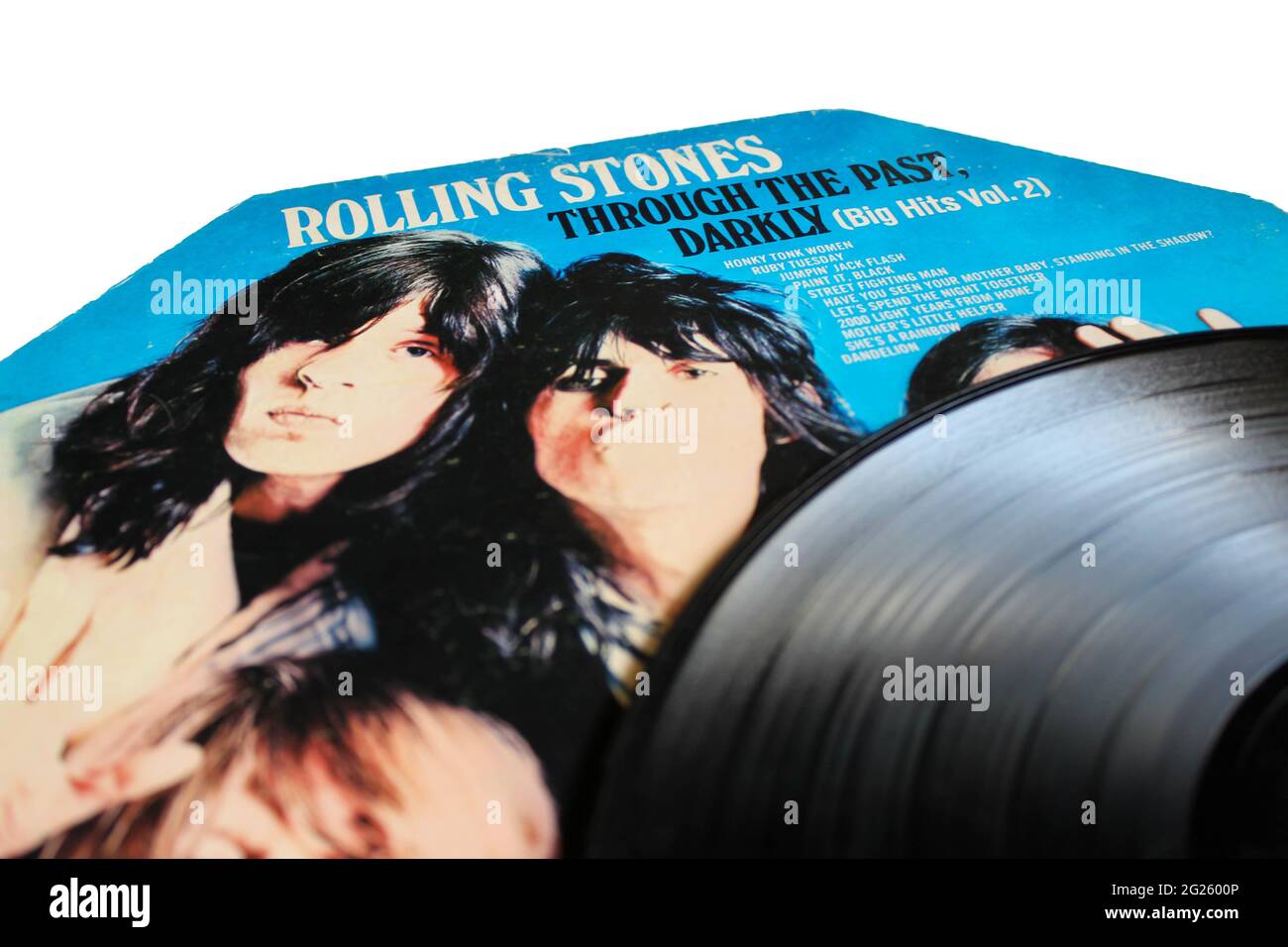 Hard Rock und Blues Band, das Rolling Stones Musikalbum auf Vinyl LP Disc. Titel: Through the Past, Darkly Big Hits Vol 2 Albumcover Stockfoto