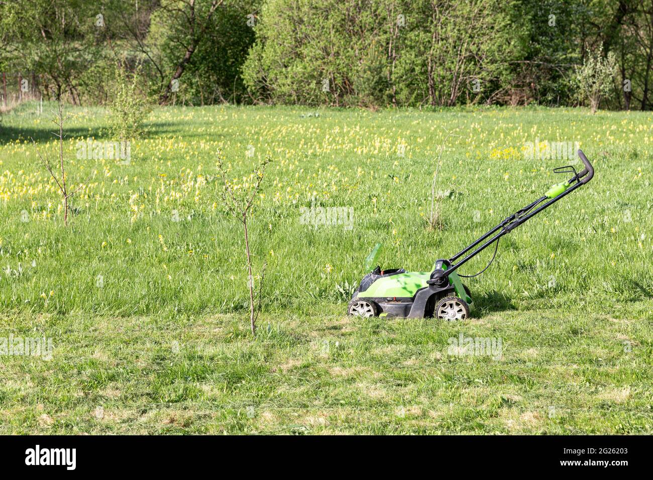 Rasenmäher auf dem Gelände, der vom gewachsenen Gras gemäht werden muss Stockfoto