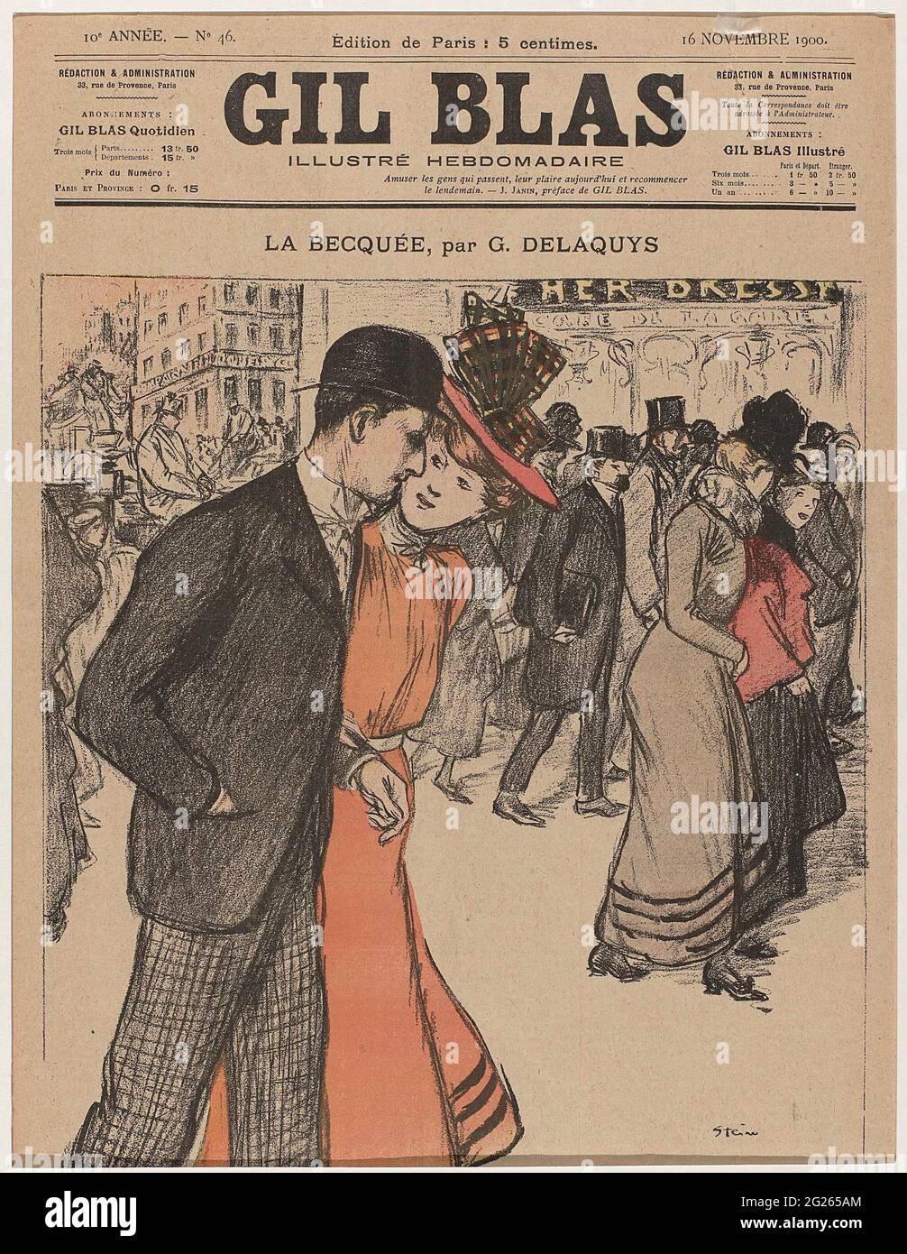 Gil Blas, Illustre Hambodaire, 16. November 1900, 10. Année, Nr. 46: La Becquée, Par G. Delaquys. Ein gehörntes Paar, das auf einer belebten Straße läuft. Der Mann trägt eine Jacke mit Revers auf einer karierten langen Hose. Ein Melone Hut auf dem Kopf. Sie trägt ein hoch verschlossenes rotes Kleid. Auf dem Kopf ein passender Hut mit kariertem Band verziert. Zeitschriftenumschlag von „Gil Blas“, einer literarischen Periodenschrift aus Paris, benannt nach dem Roman „Gil Blas“ von Alain-René Lesage (1879.-1914. November). Stockfoto