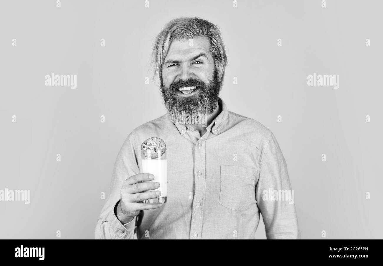 Plätzchen auf Milch einweichen. Glücklicher Bauer essen Plätzchen-Dessert. Bärtiger Mann trinkt nützliche Milch mit Gebäck. Weihnachtliche Speisen und Getränke. Weihnachtsplätzchen und Stockfoto