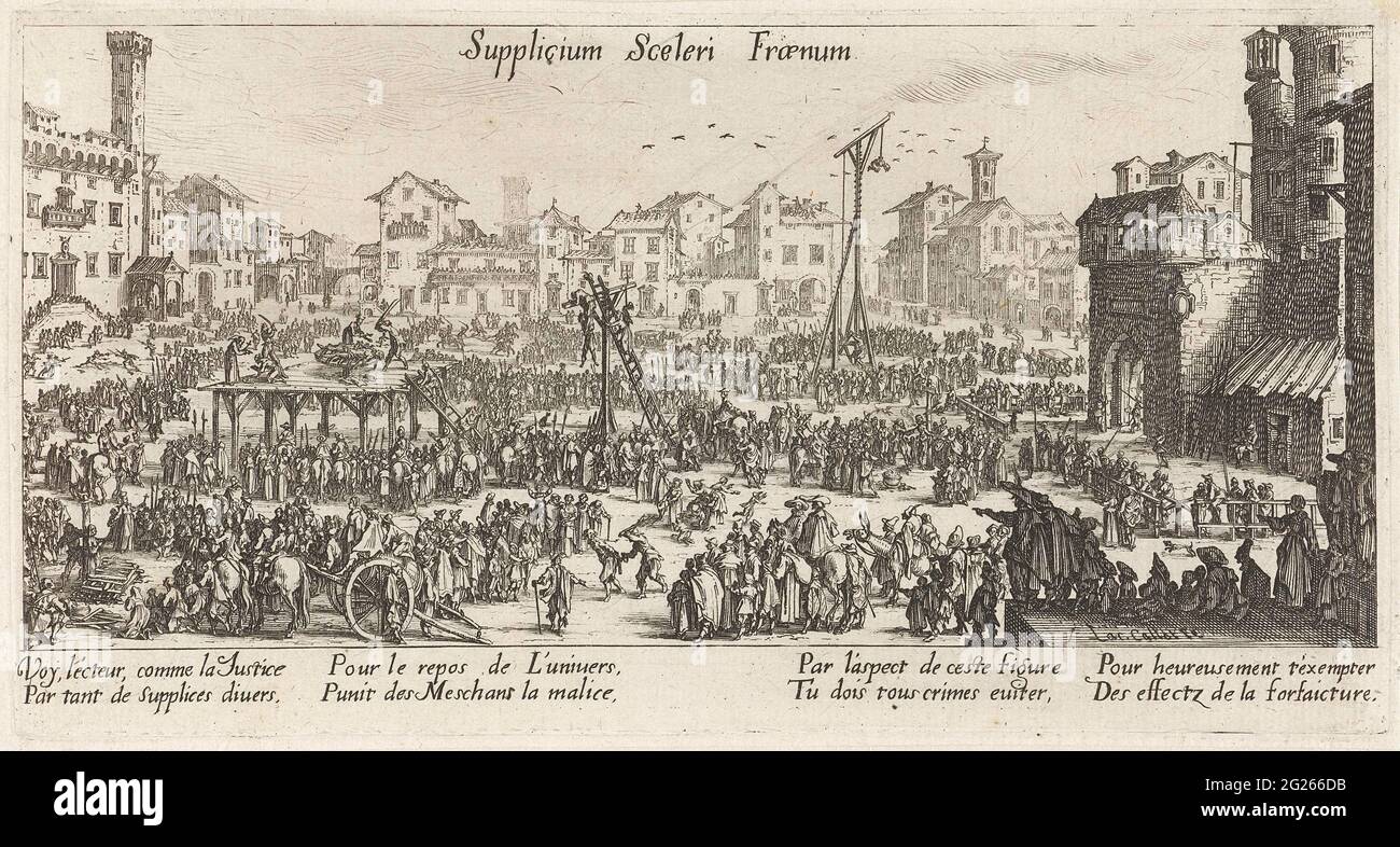 Körperliche Bestrafung; Supplicium Sceleri Fraenum. Auf einem Stadtplatz voller Menschen werden verschiedene Hinrichtungen und Folter durchgeführt. Auf einer Gehaltserhöhung wird jemand enthauptet und ein weiterer Gelway. Zwei Menschen hängen an einem Galgen in der Mitte. Hinten am Rücken ist jemand auf einen Wischergs angewiesen. In der oberen rechten Ecke des Abdrucks wurde gerade ein Käfig mit einer verurteilten Person gesehen. Es gibt acht neue französische Regeln unter der Show. Stockfoto