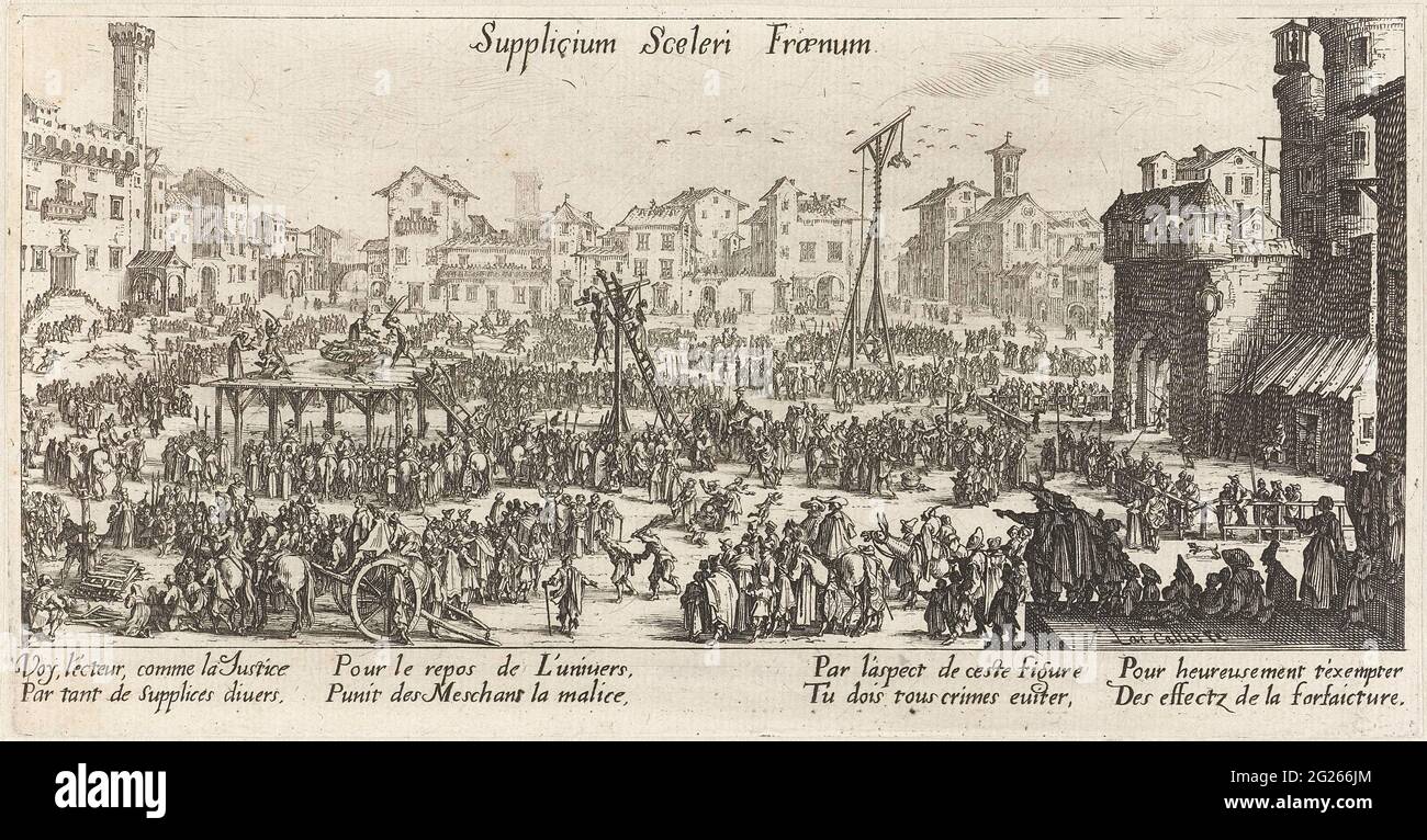 Körperliche Bestrafung; Supplicium Sceleri Fraenum. Auf einem Stadtplatz voller Menschen werden verschiedene Hinrichtungen und Folter durchgeführt. Auf einer Gehaltserhöhung wird jemand enthauptet und ein weiterer Gelway. Zwei Menschen hängen an einem Galgen in der Mitte. Hinten am Rücken ist jemand auf einen Wischergs angewiesen. In der oberen rechten Ecke des Abdrucks wurde gerade ein Käfig mit einer verurteilten Person gesehen. Es gibt acht neue französische Regeln unter der Show. Stockfoto