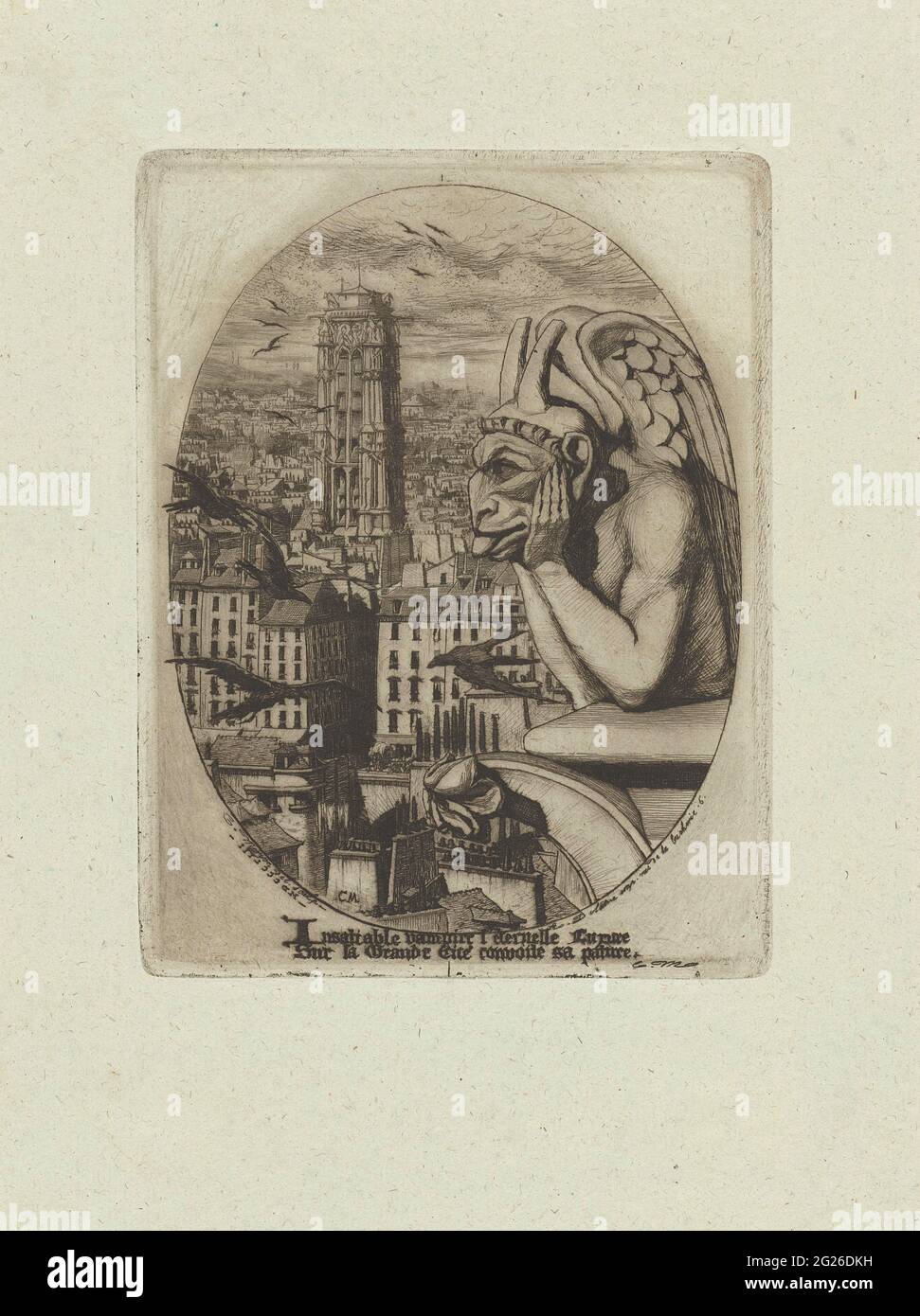 Bild eines Vampirs als Garwave auf dem Turm von Notre Dame und blick über Paris; Le Stryge; Eaux-Fortes sur Paris. Bild eines Vampirs als Wasserspeier, der sich über den Rand des oberen Balkons eines der Türme der Notre Dame lehnt. Der Künstler hat sich für einen ovalen Ausschnitt mit der rechten Seite der Kirche entschieden und einen Blick auf Paris mit schwarzen Krähen links, die an der Dose vorbeifliegen. Unter der Show ist ein frischer in zwei unersättlichen Vampir l'Eternelle ... Convoite SA Pâture. Stockfoto
