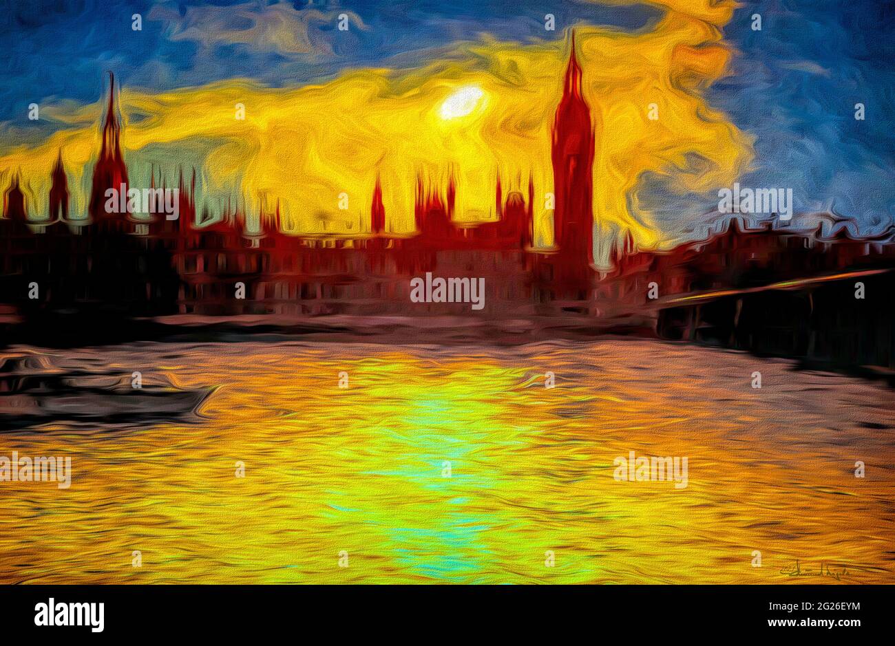 ZEITGENÖSSISCHE KUNST: Häuser des Parlaments und der Themse, Großbritannien Stockfoto