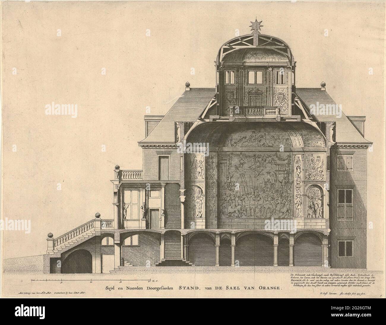 Querschnitt des Palastes Huis Ten Bosch; Suyd und North überquerten Stand, aus dem Saal von Orange; Huis Ten Bosch Palast. Querschnitt durch den Palast Huis ten Bosch in Den Haag mit den Gemälden im Oranje Zaal. Stockfoto