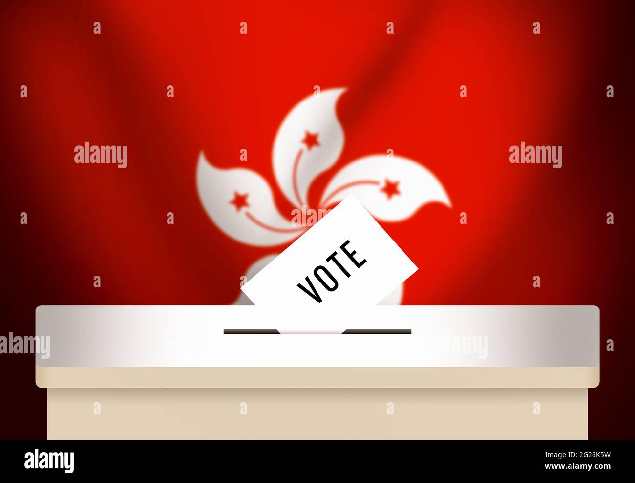 Parlamentswahlen in Hongkong 3D-gerendert Hintergrund mit Voting Box und Flagge hinter. Moderner Hintergrund für das Wahlkonzept Stockfoto