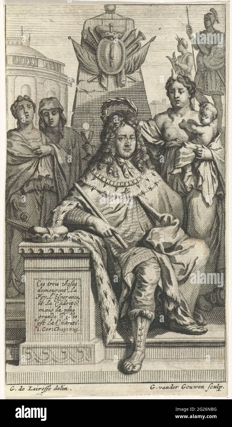 Porträt Frederiks I. van Preussen. Frederik I. van Preussen sitzt mit einem französischen Text an einem Sockel lehnend. Gekrönt wird er von der Liebe (Caritas) mit einem Lorbeerkranz, einem Kind auf der Schulter und einer Flamme auf dem Kopf. Im Hintergrund ein monumentaler Obelisk und die Personnifizierungen glauben (fides) und hoffen (SPES). Stockfoto
