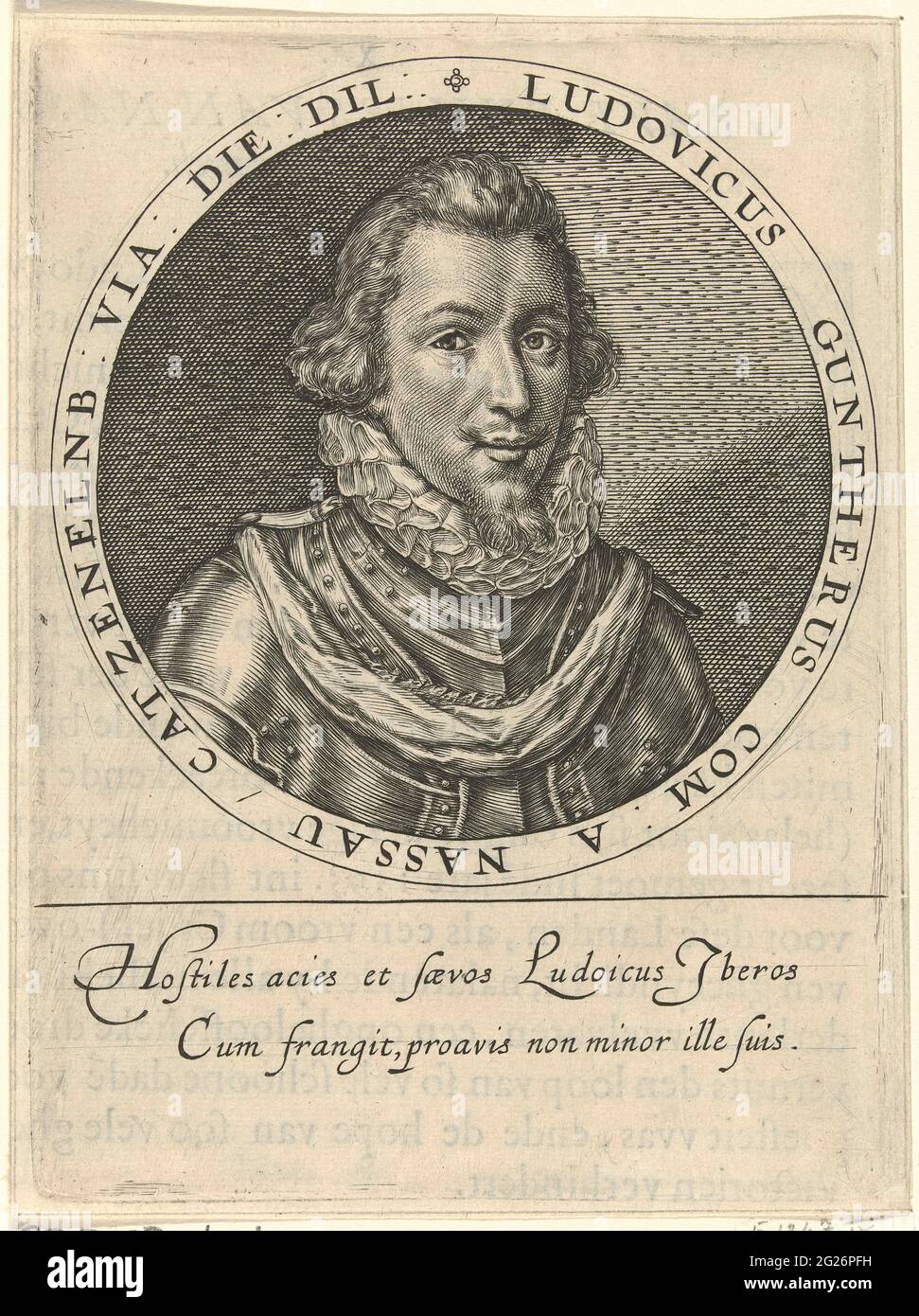 Porträt von Louis Gunther. Porträt von Louis Gunther, Prinz von Nassau-Siegen. Im Rahmen des Rahmens der Name und Funktion des Portraitierten in Latein. Am Rand eine zweibeinige Droftigkeit in Latein. Auf dem versösen Buchdruck auf Niederländisch. Stockfoto
